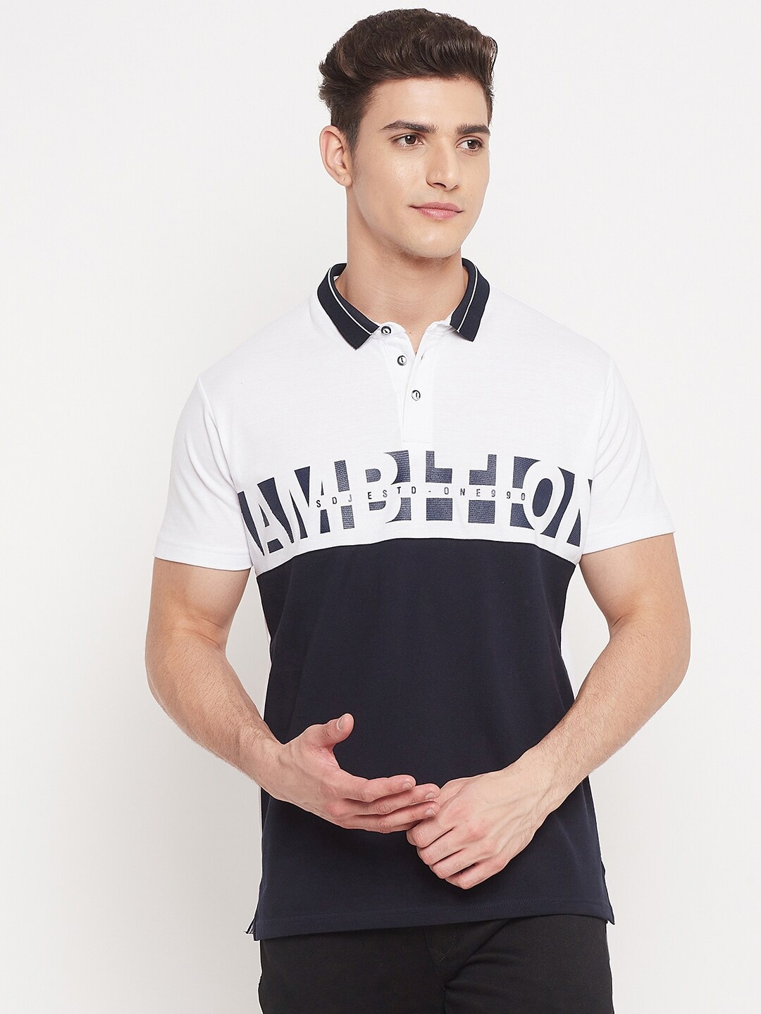 

Duke Men White Colourblocked Polo Collar Slim Fit T-shirt