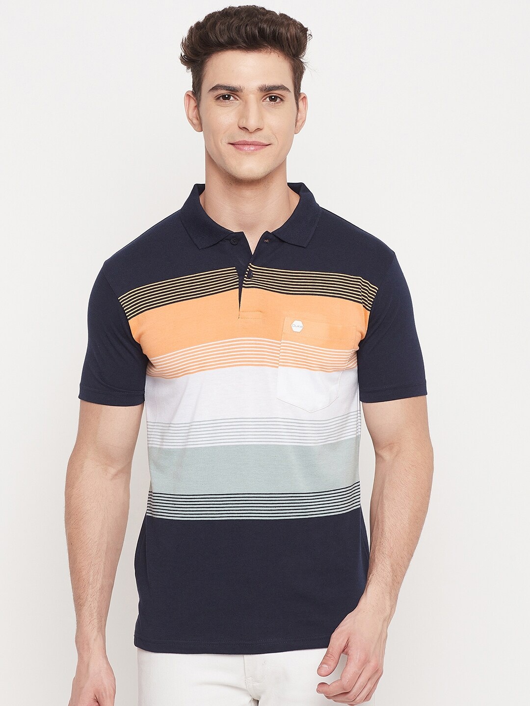 

Duke Men Black & Orange Striped Polo Collar T-shirt