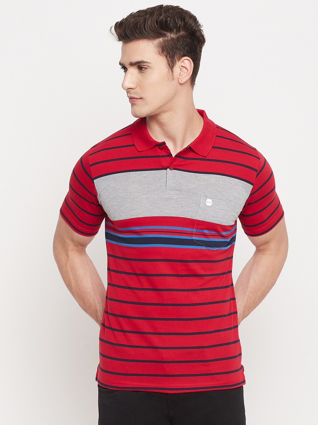 

Duke Men Red Striped Polo Collar T-shirt