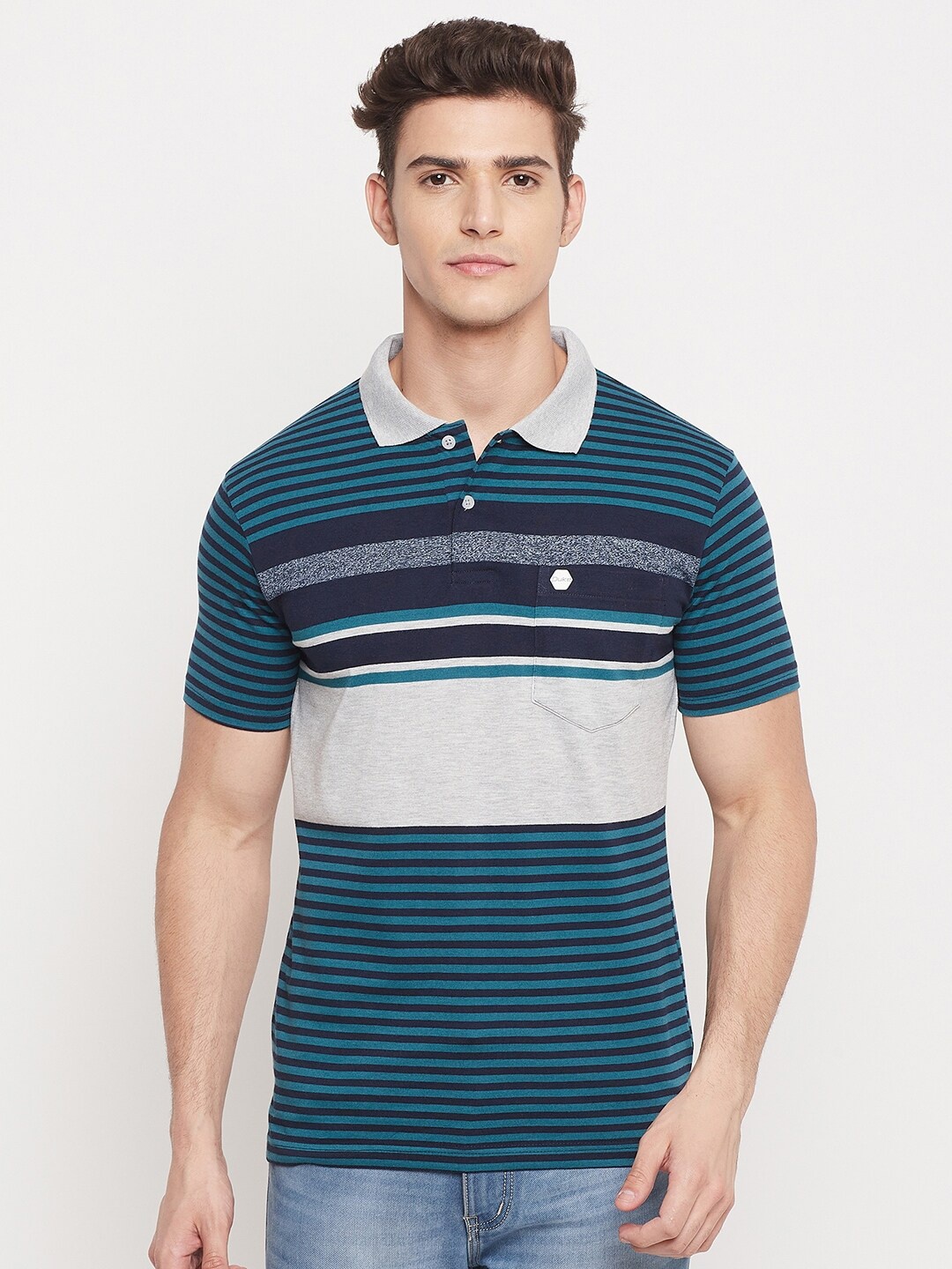 

Duke Men Green Striped Polo Collar T-shirt