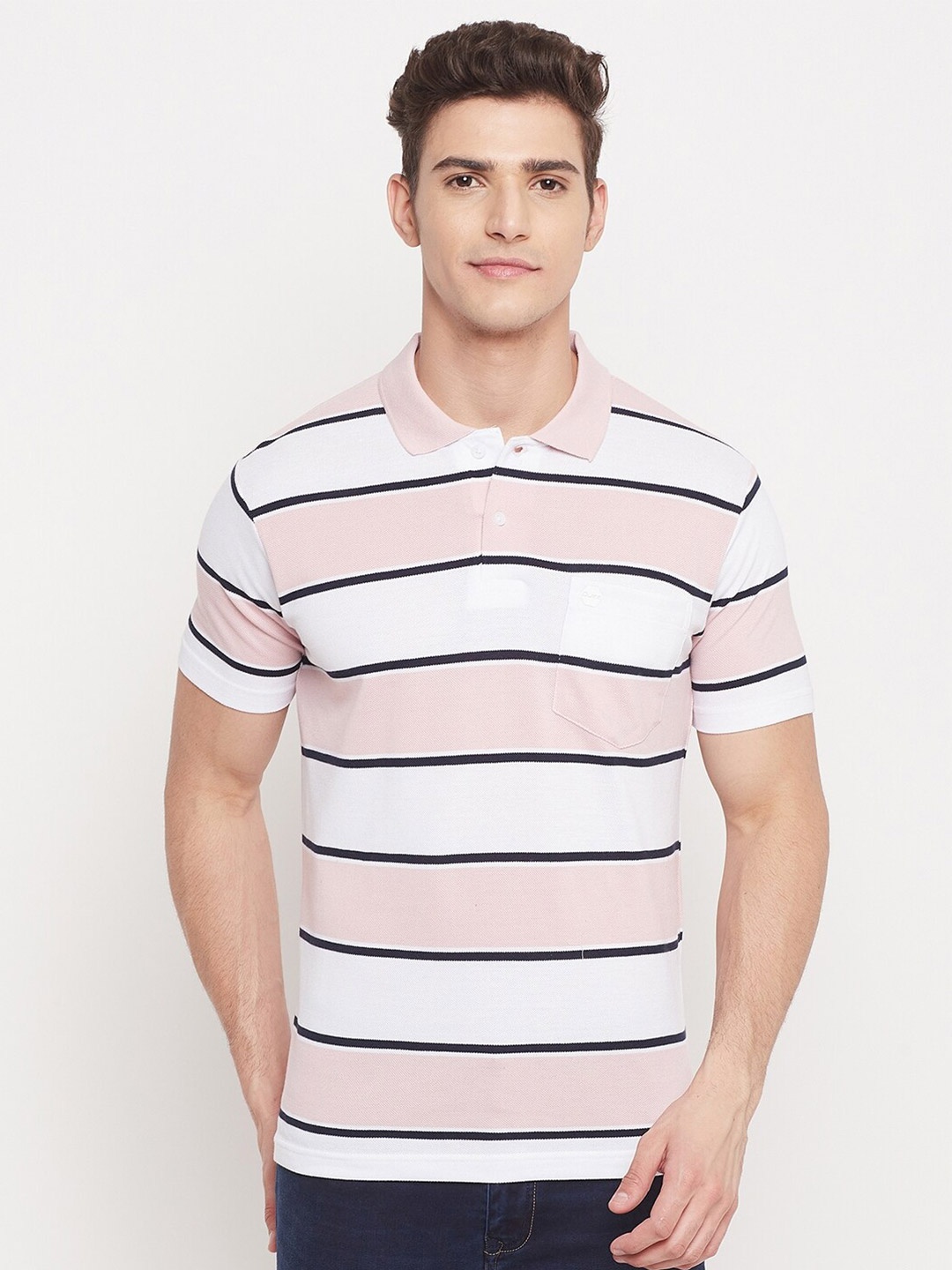 

Duke Men Pink Striped Polo Collar T-shirt