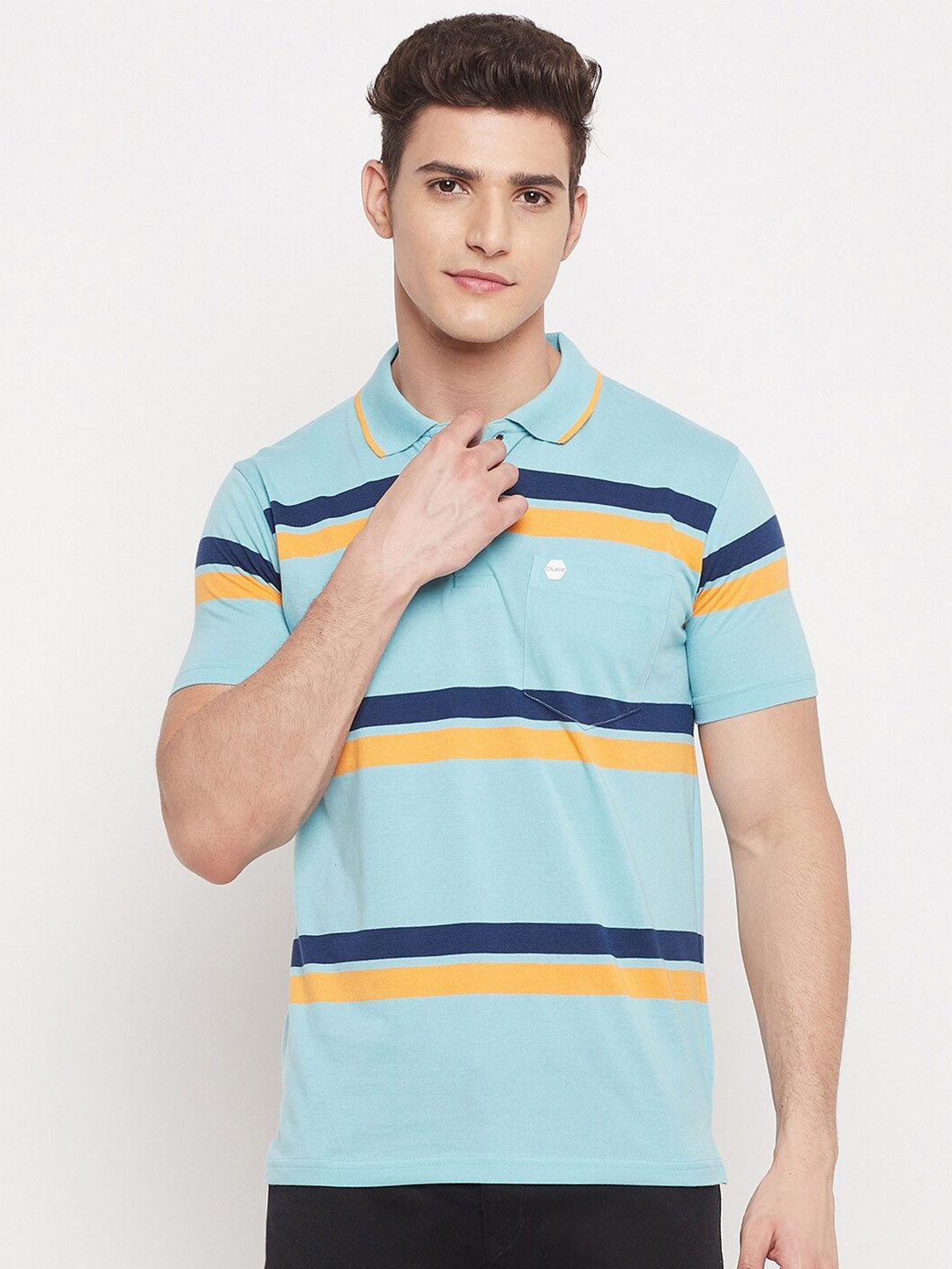 

Duke Men Blue & Navy Blue Striped Polo Collar T-shirt