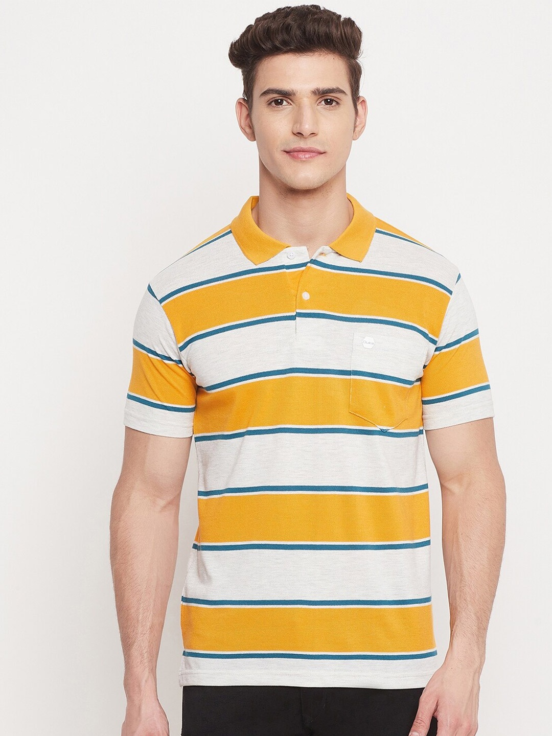 

Duke Men Yellow & White Striped Polo Collar T-shirt