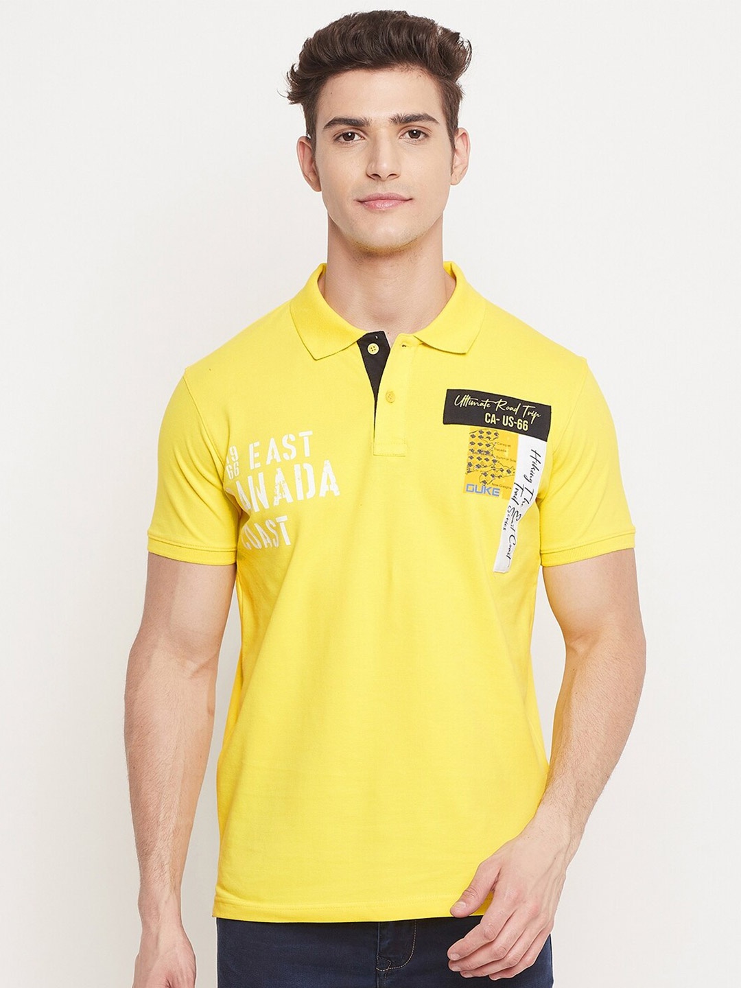 

Duke Men Yellow Typography Printed Polo Collar Slim Fit T-shirt