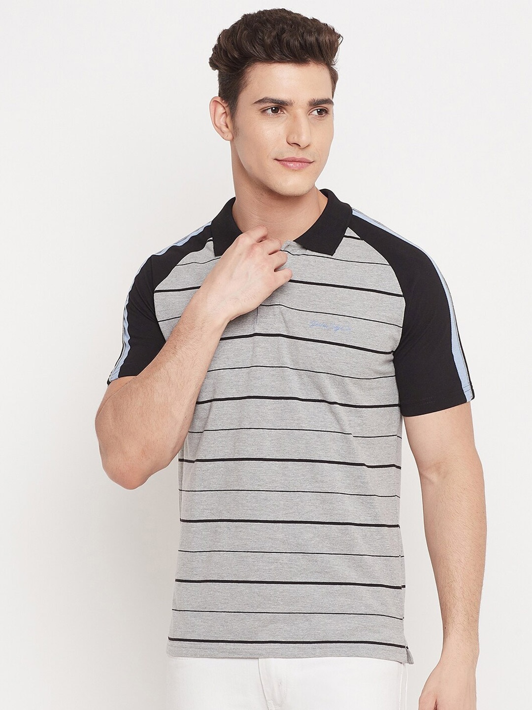 

Duke Men Grey & Black Striped Cotton Polo Collar Slim Fit T-shirt