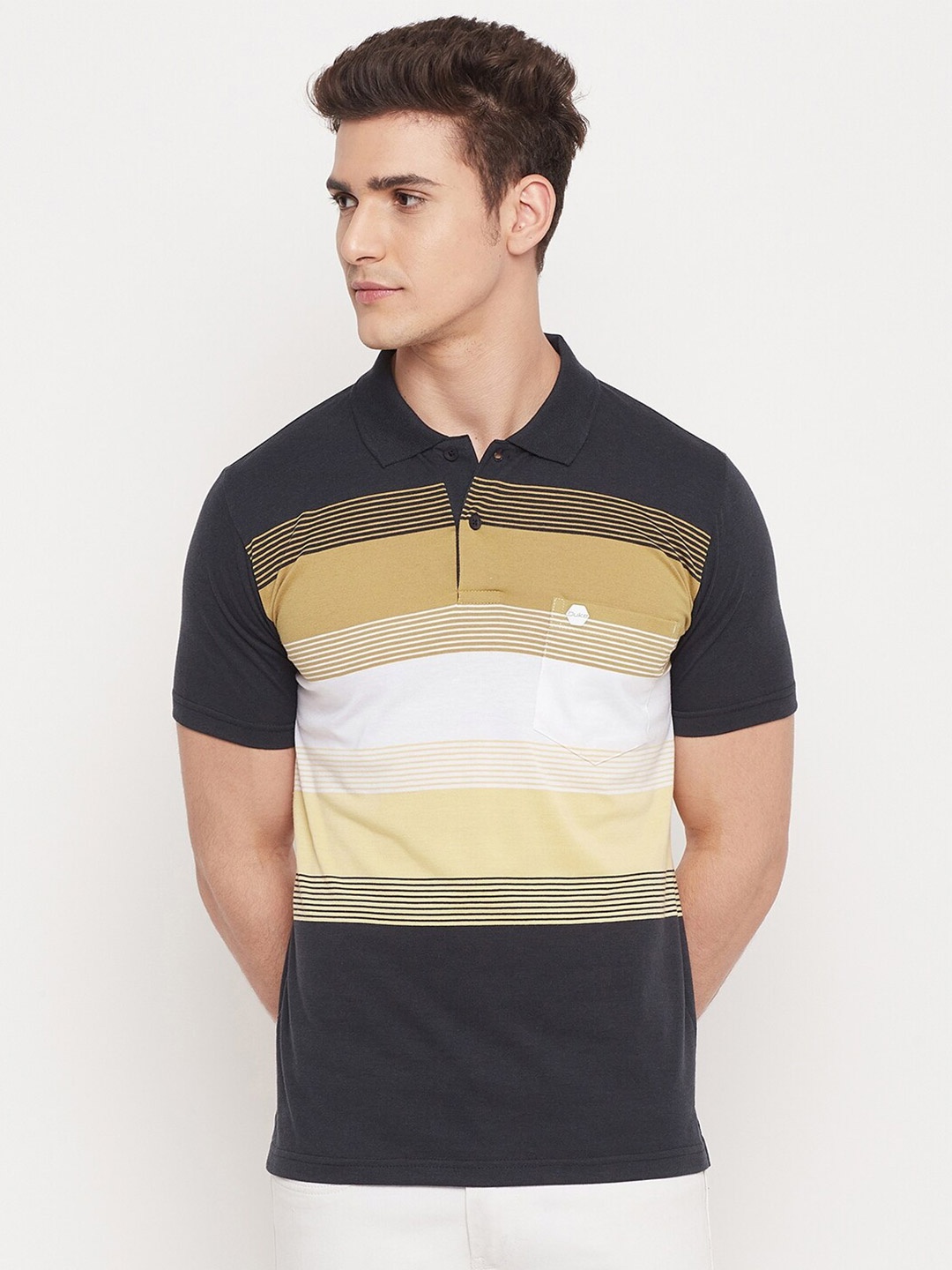 

Duke Men Yellow & Black Striped Polo Collar Cotton T-shirt