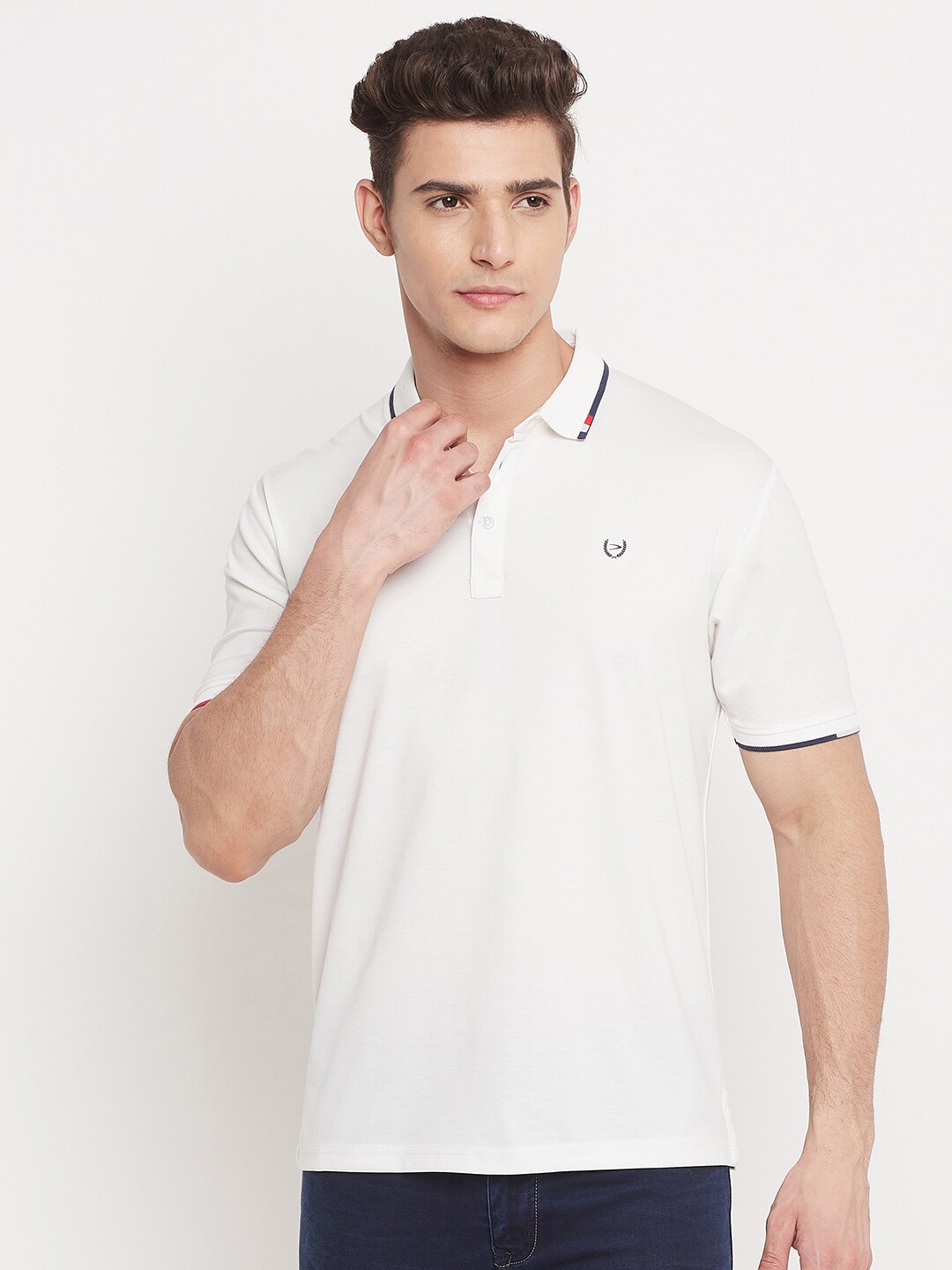 

Duke Men White Solid Cotton Polo Collar T-shirt