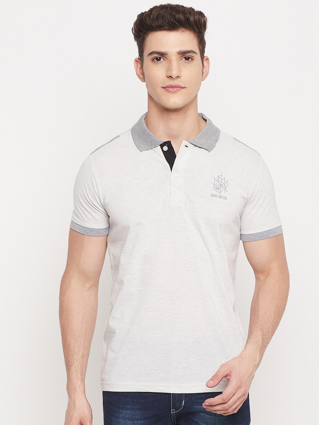 

Duke Men Off White & Grey Solid Cotton Polo Collar Slim Fit T-shirt