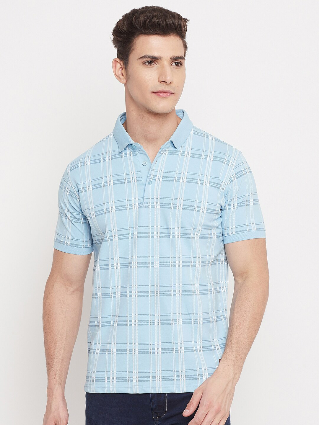 

Duke Men Blue Checked Polo Collar Slim Fit T-shirt