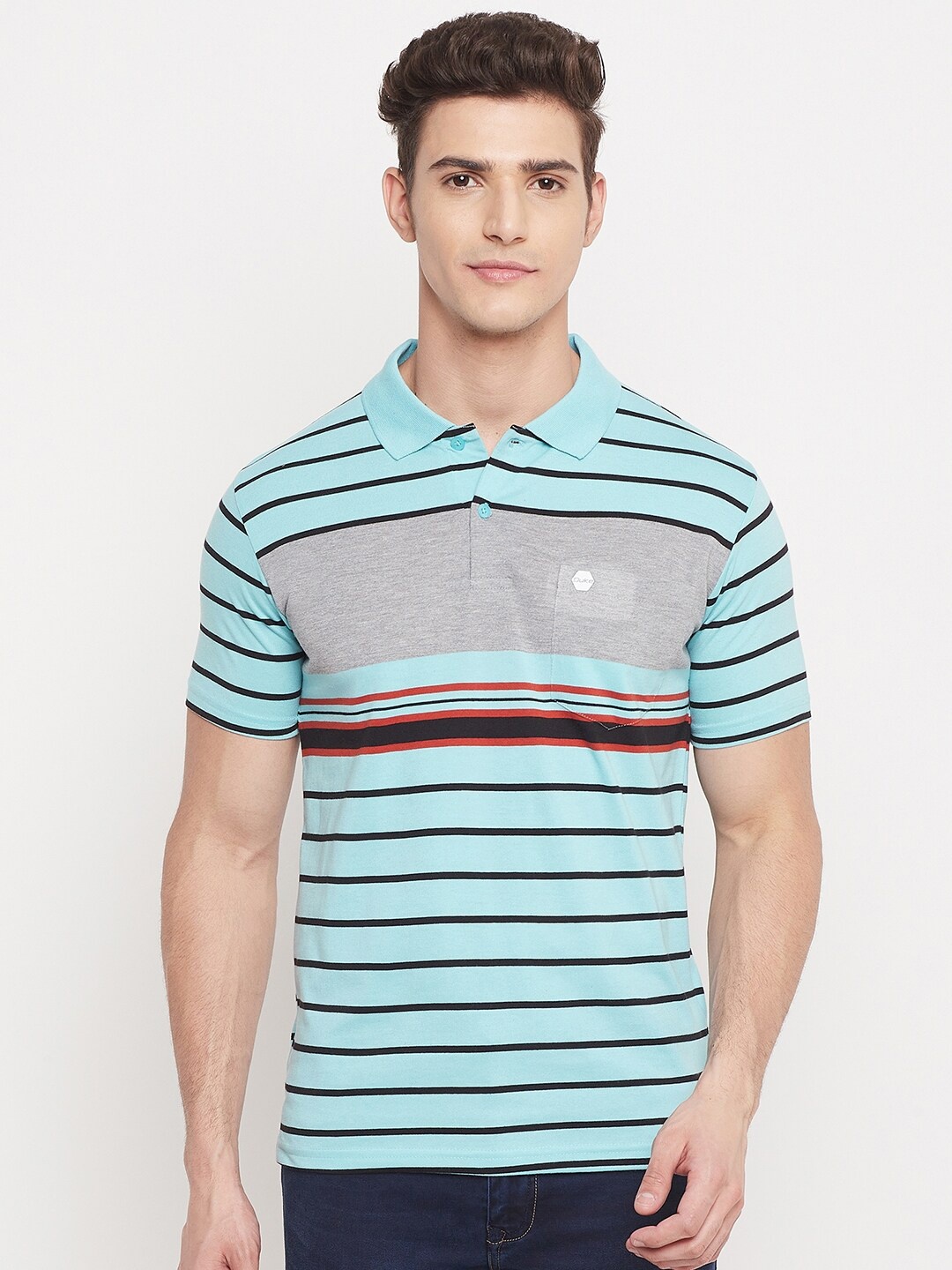 

Duke Men Blue Striped Polo Collar T-shirt