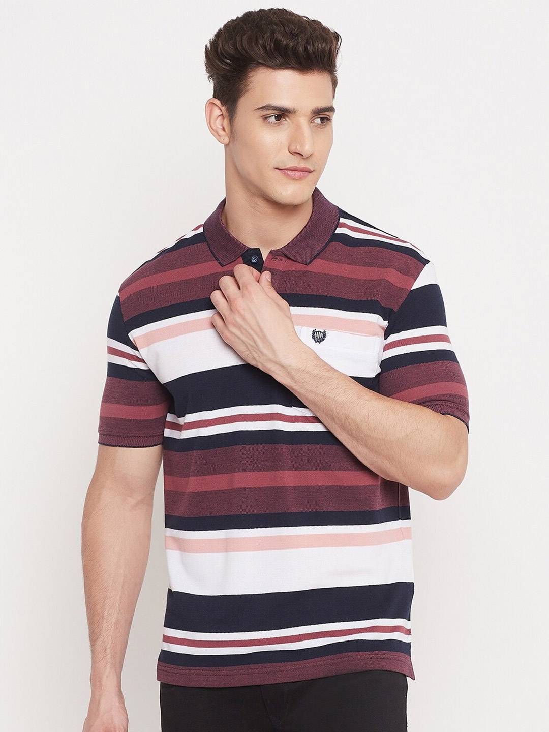 

Duke Men Maroon & Navy Blue Striped Polo Collar T-shirt