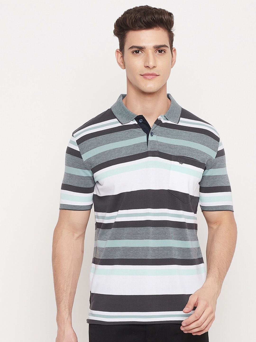 

Duke Men White & Black Brand Logo Striped Polo Collar T-shirt