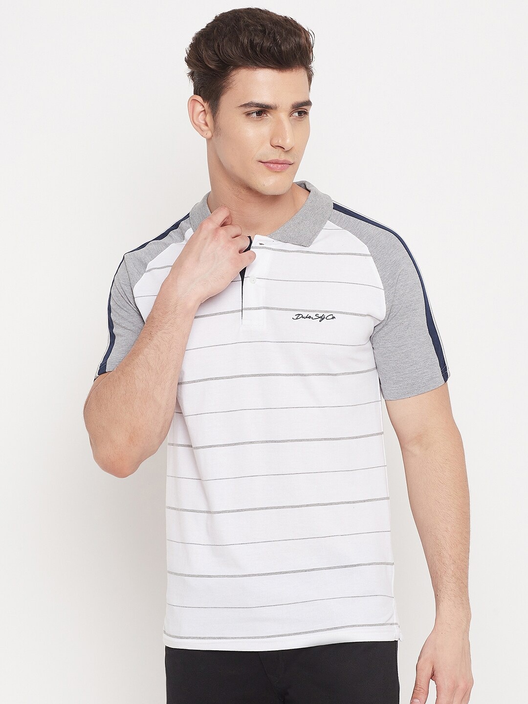 

Duke Men White Striped Polo Collar Slim Fit Cotton T-shirt