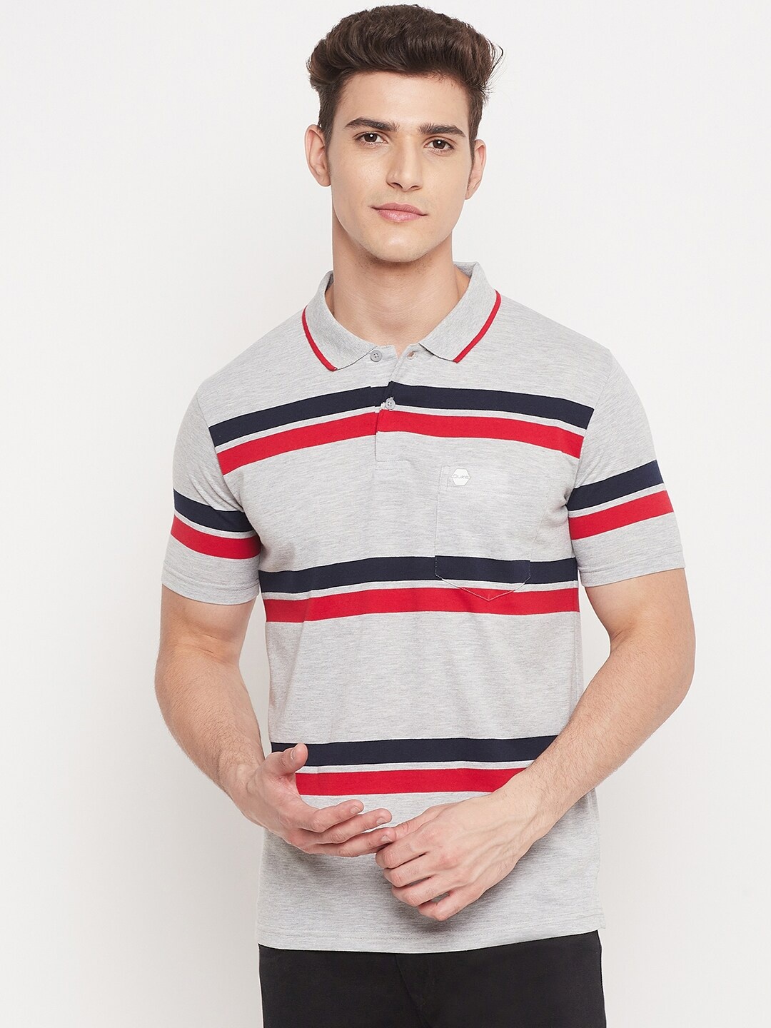 

Duke Men Grey Striped Polo Collar T-shirt