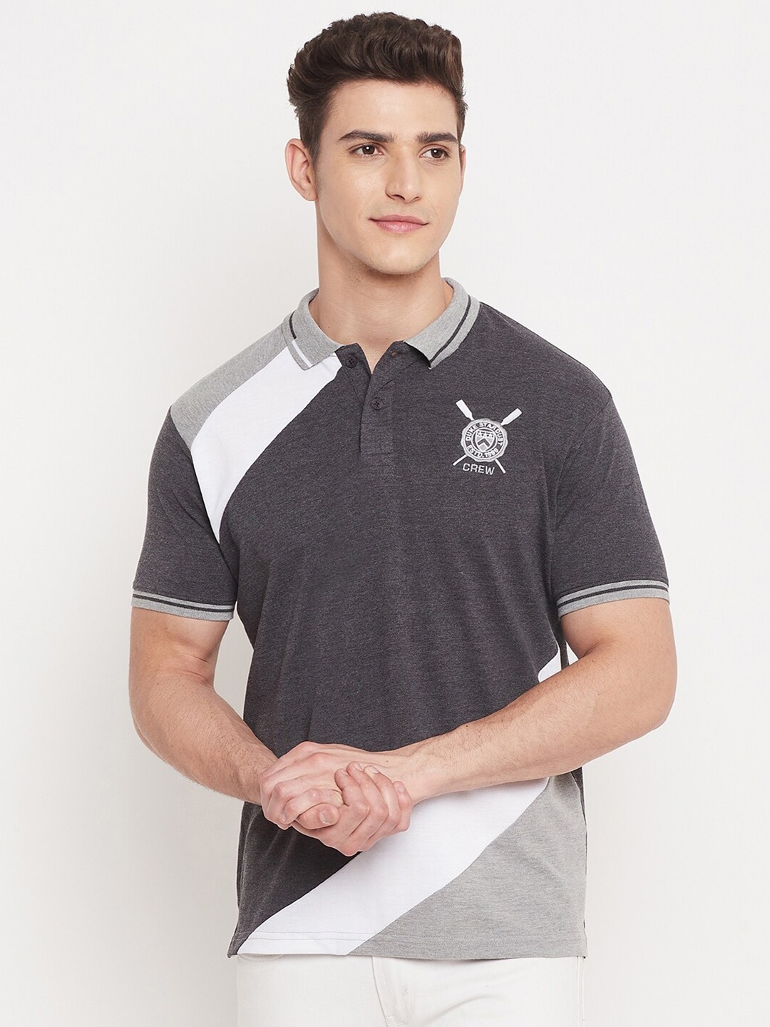 

Duke Men Grey & White Colourblocked Polo Collar Slim Fit T-shirt