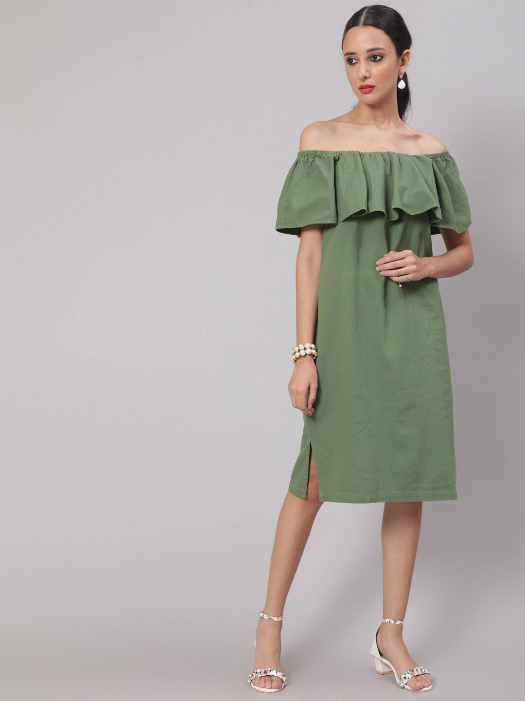 

DressBerry Women Olive Green Off-Shoulder A-Line Dress