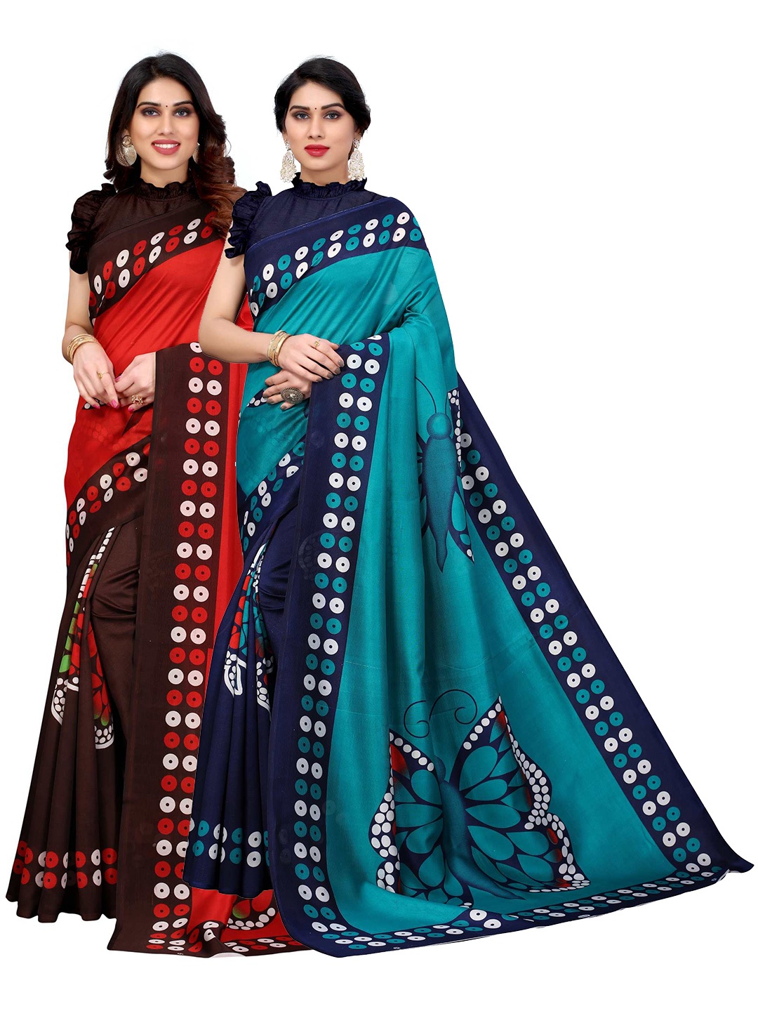 

AADVIKA Pack Of 2 Teal & Red Art Silk Sarees