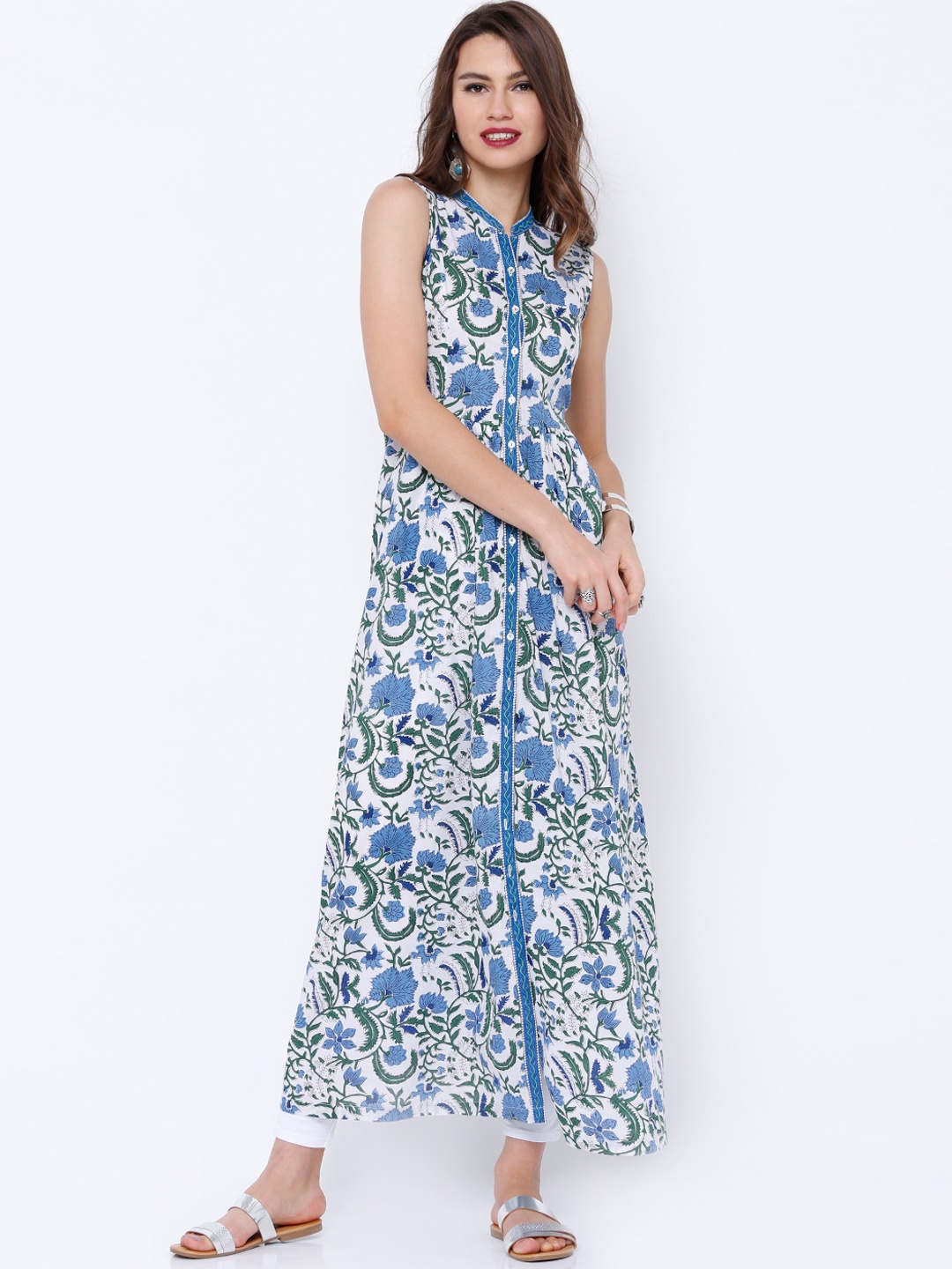 

Vishudh White & Blue Floral Print A-Line Kurta