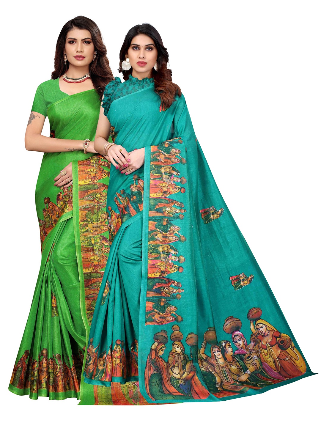 

AADVIKA Pack of 2 Green & Blue Ethnic Motifs Art Silk Mysore Silk Saree