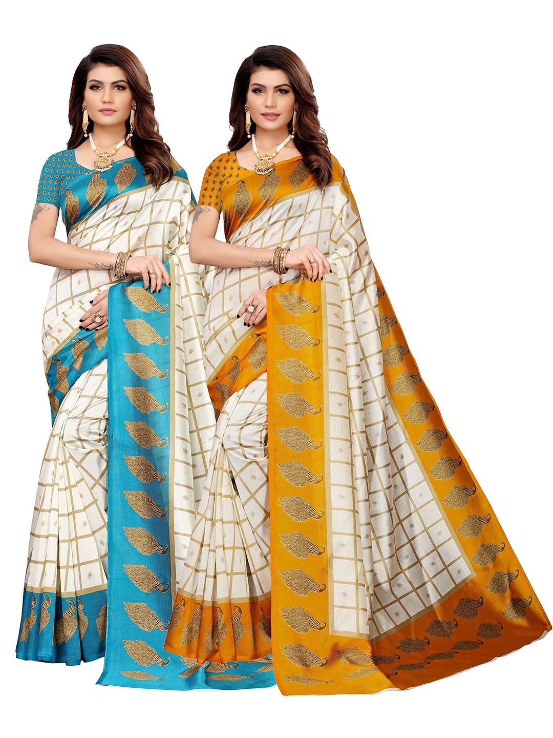 

AADVIKA Turquoise Blue & Yellow Pack of 2 Checked Art Silk Mysore Silk Saree