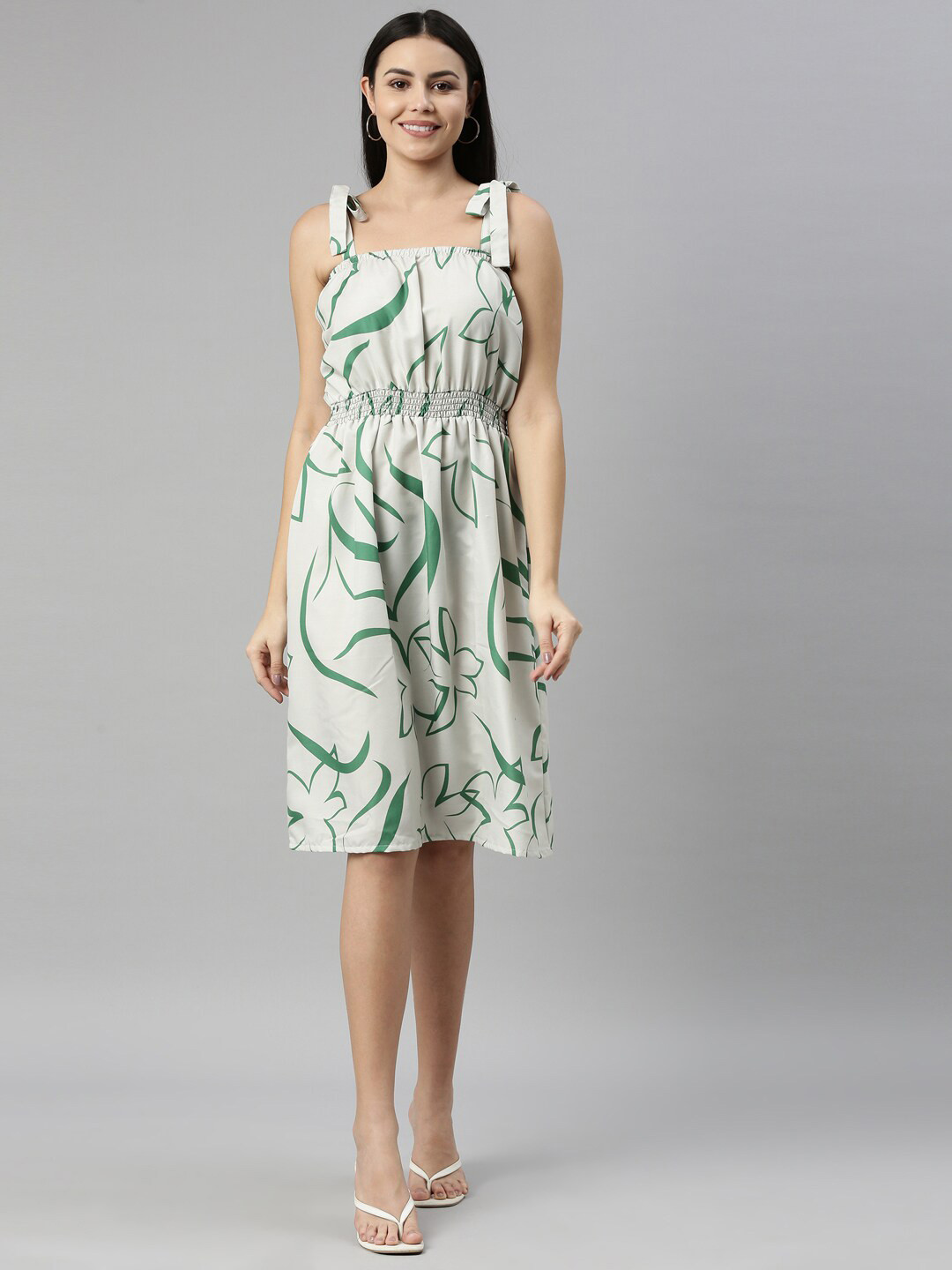 

ZHEIA Women Off White & Green Cotton Shoulder Straps Tropical Printed Dress