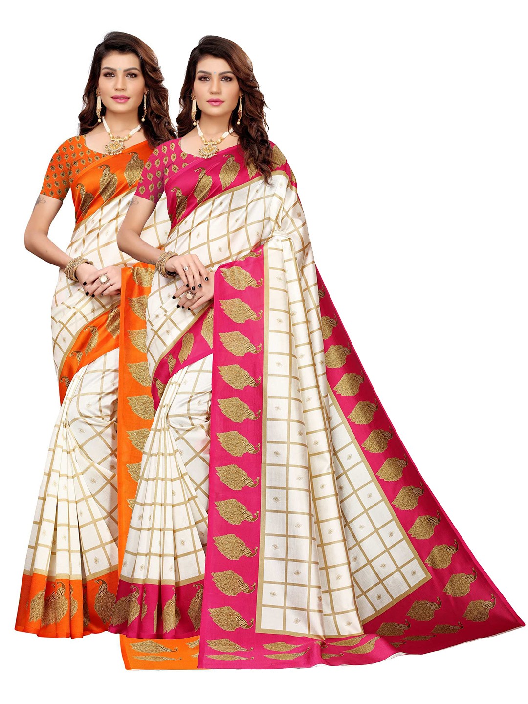 

AADVIKA Pink & Orange Pack of 2 Checked Art Silk Mysore Silk Saree