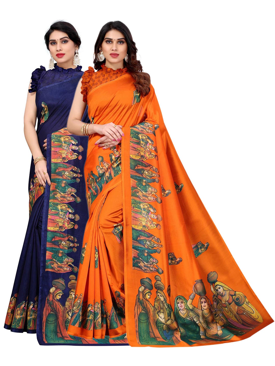 

AADVIKA Set Of 2 Orange & Navy Blue Art Silk Saree