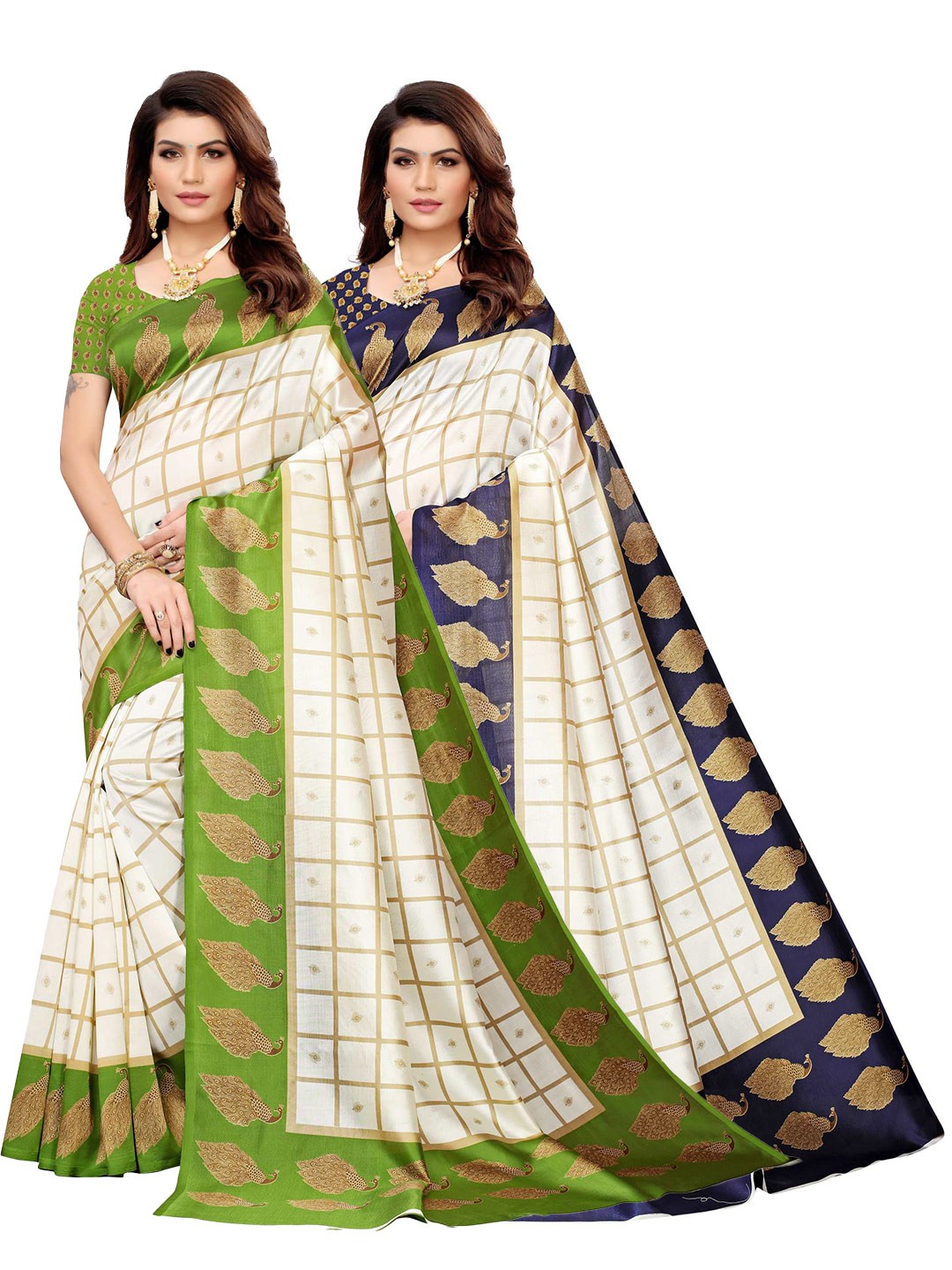 

AADVIKA Set of 2 Printed Art Silk Mysore Silk Saree, Navy blue