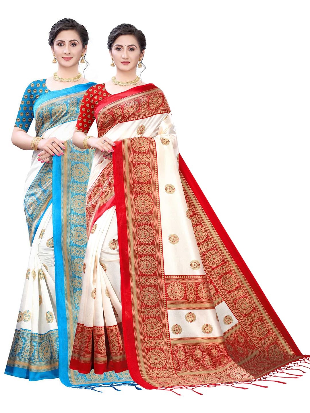 

AADVIKA Set Of 2 Turquoise Blue & Red Ethnic Motifs Art Silk Mysore Silk Saree