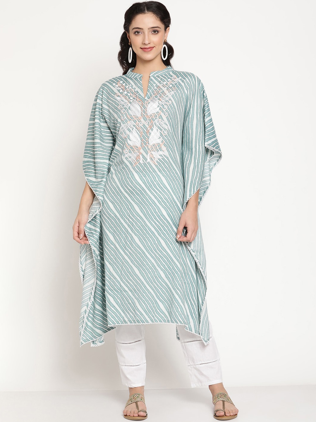 

Be Indi Women Blue Ethnic Motifs Striped Thread Work Kaftan Kurta