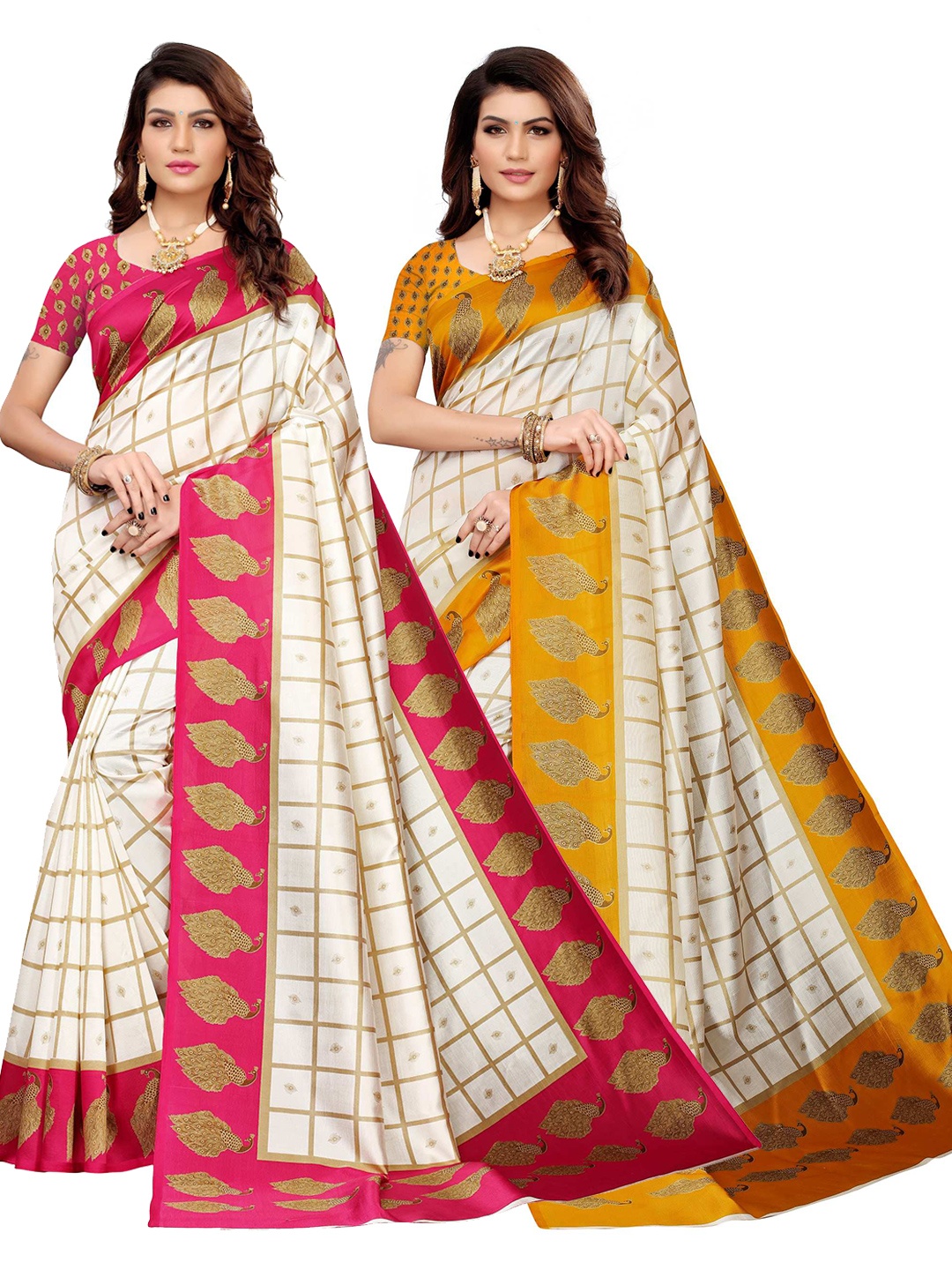 

AADVIKA Pink & Yellow Checked Art Silk Mysore Silk Saree