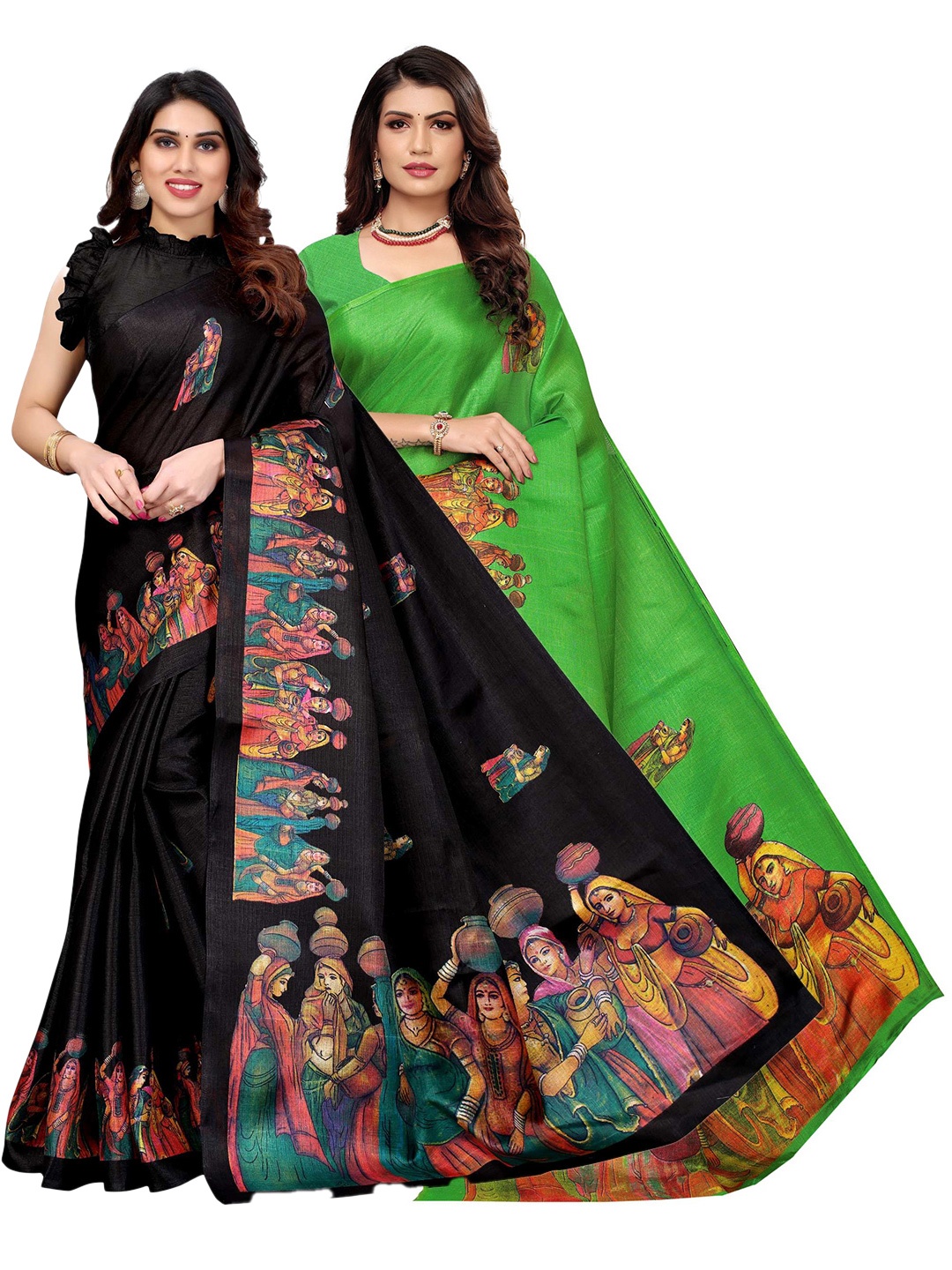 

AADVIKA Green & Black Set Of 2 Ethnic Motifs Printed Art Silk Mysore Silk Sarees