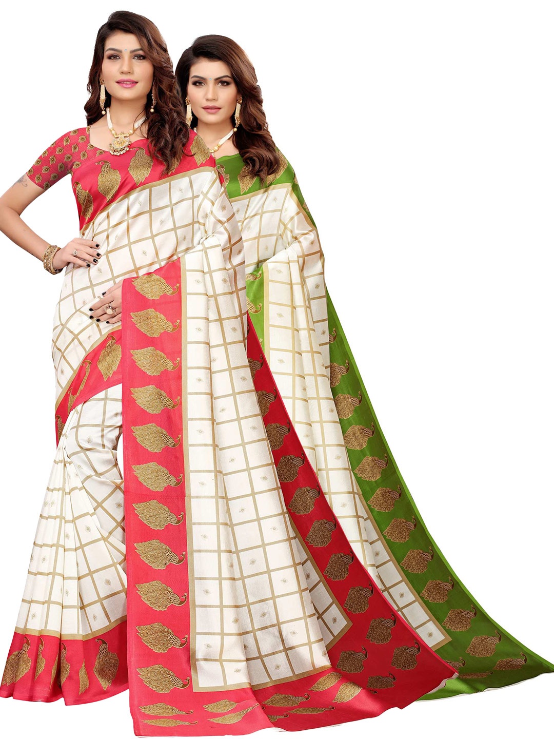 

AADVIKA Pack Of 2 Women Coral & Green Checked Art Silk Mysore Silk Saree