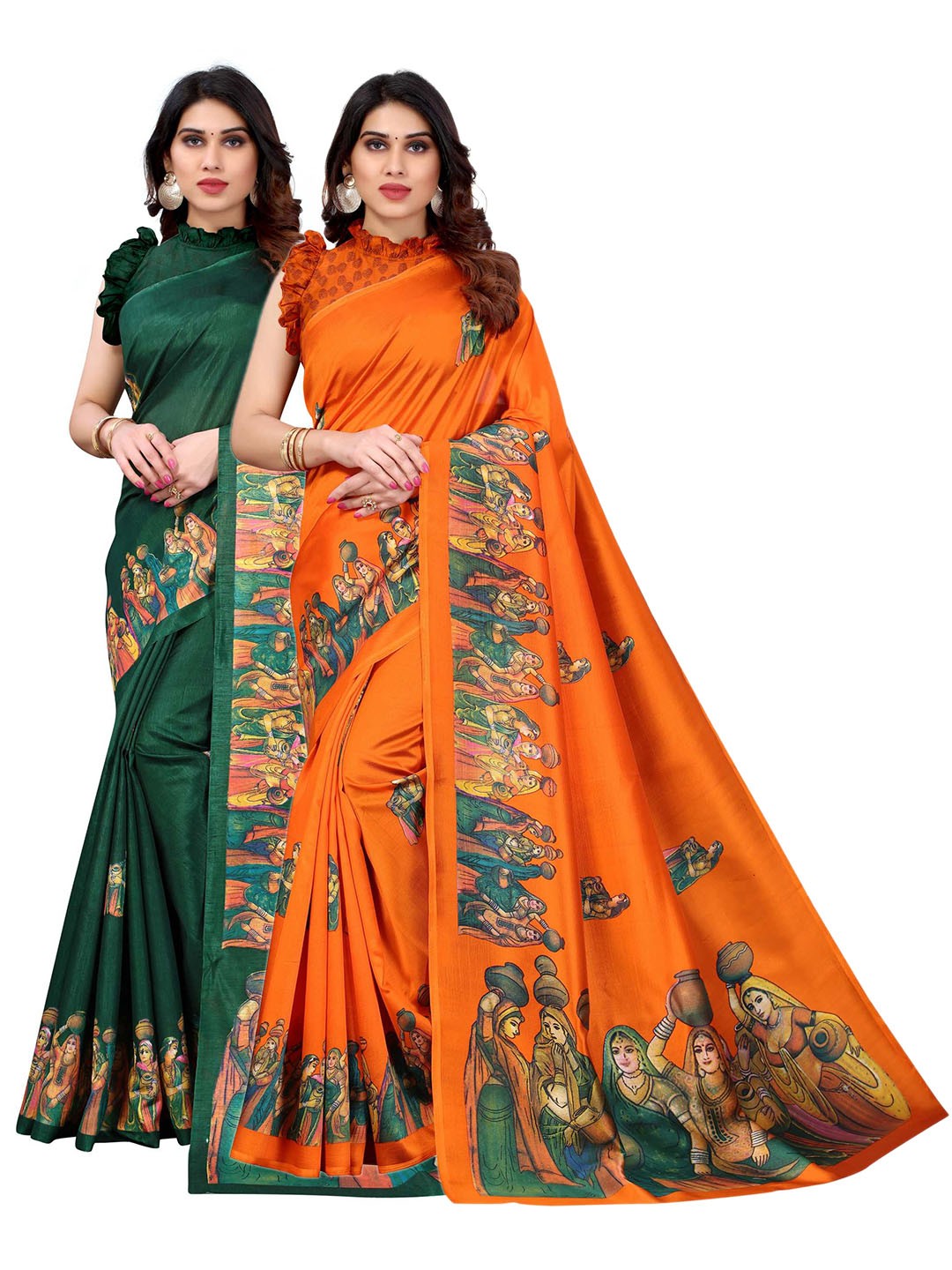 

AADVIKA Pack of 2 Orange & Green Floral Art Silk Saree