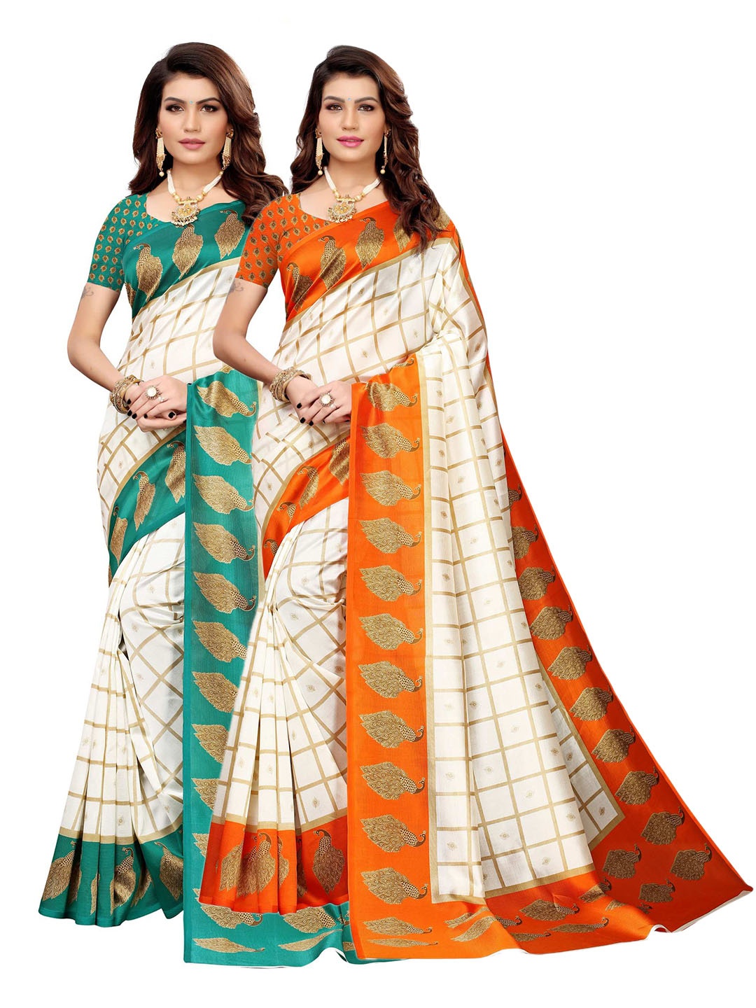 

AADVIKA Pack of 2 Orange & Green Checked Art Silk Saree