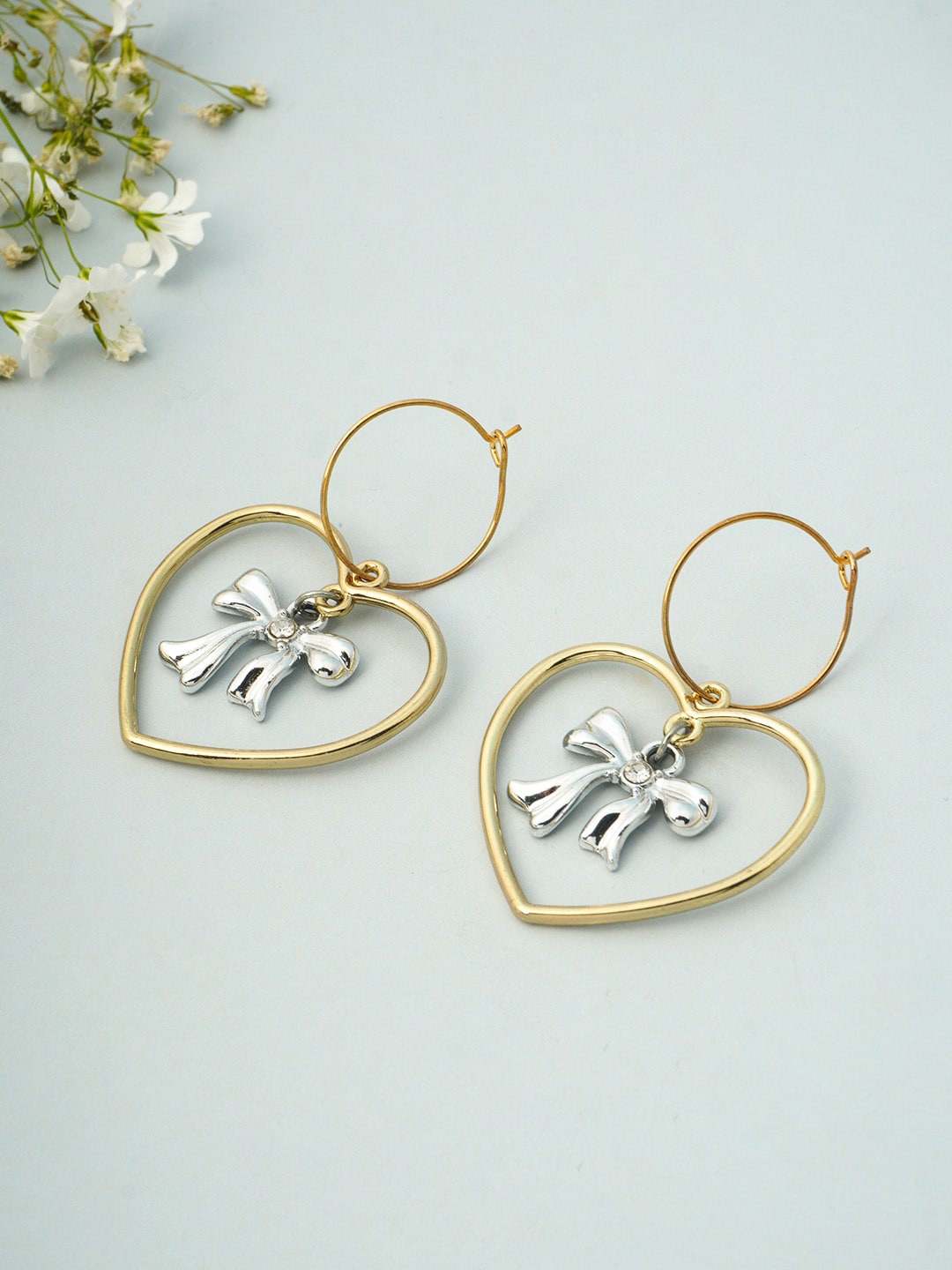 

Emmie Gold-Toned Heart Silver Earrings Heart Shaped Bow Drop Earrings