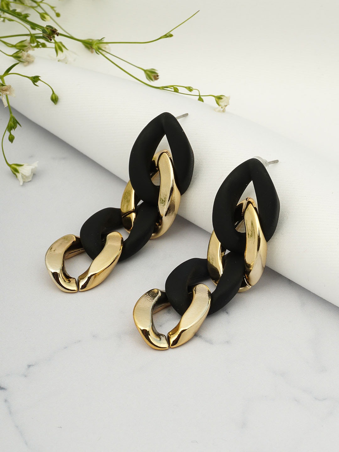 Emmie Women Black & Gold Curb Chain Earrings