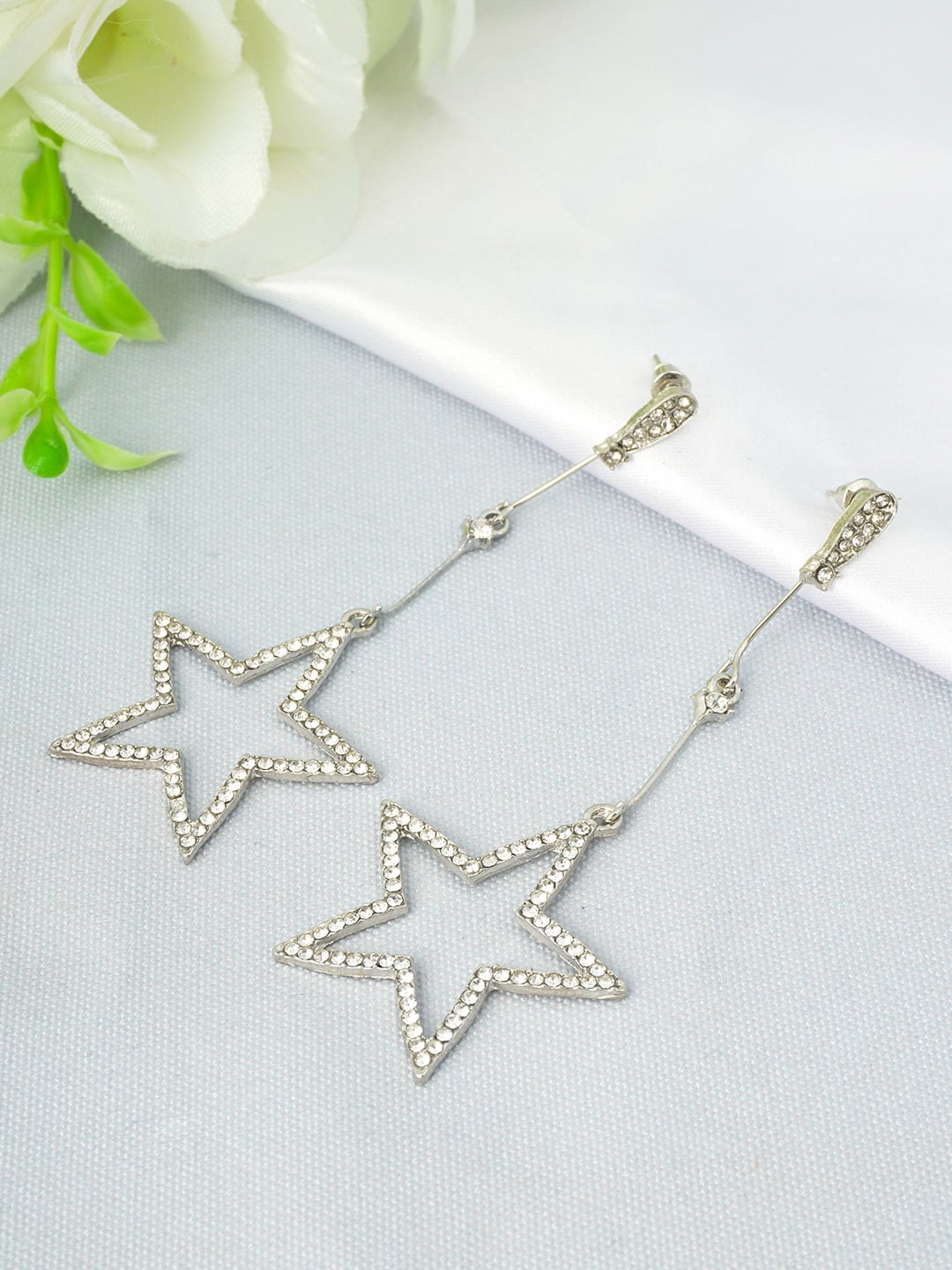 

Emmie Silver-Toned & White Contemporary Drop Earrings