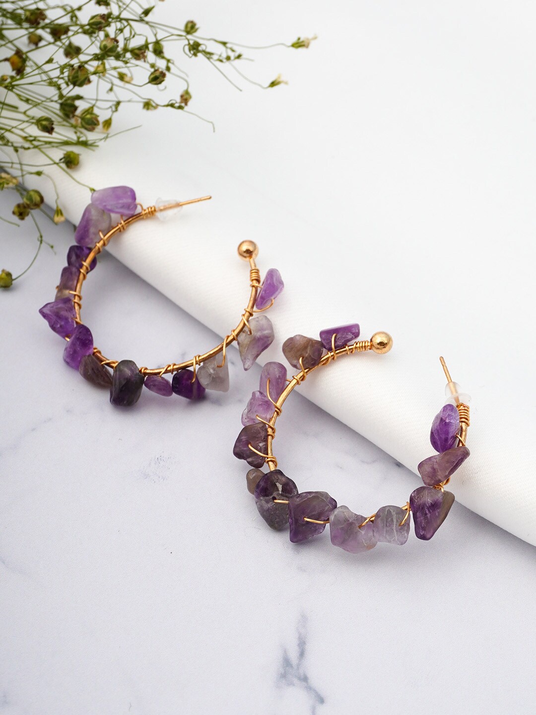 

Emmie Women Gold-Toned & Purple Stone Half Hoop Earrings