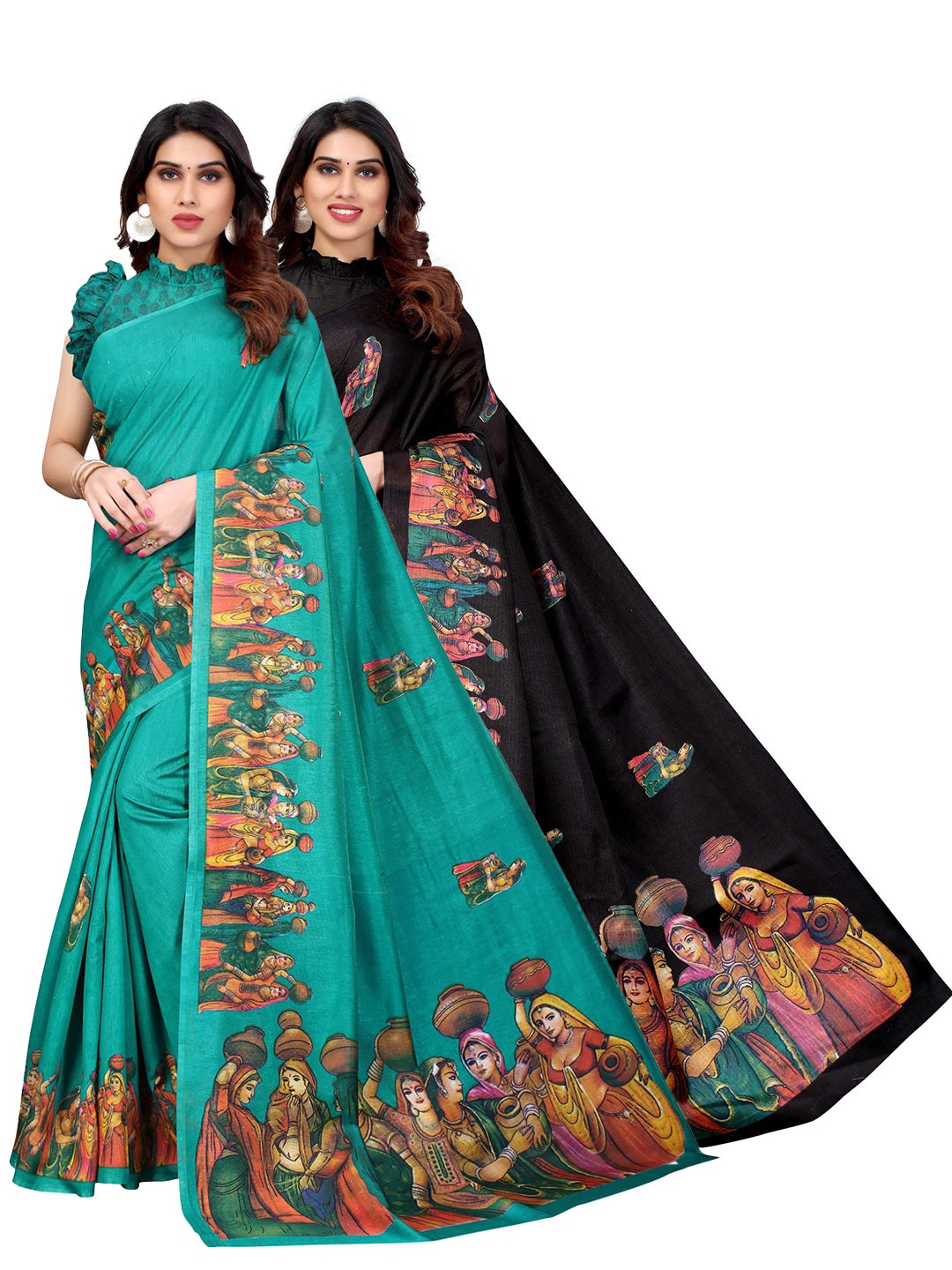 

AADVIKA Pack of 2 Green & Black Art Silk Saree