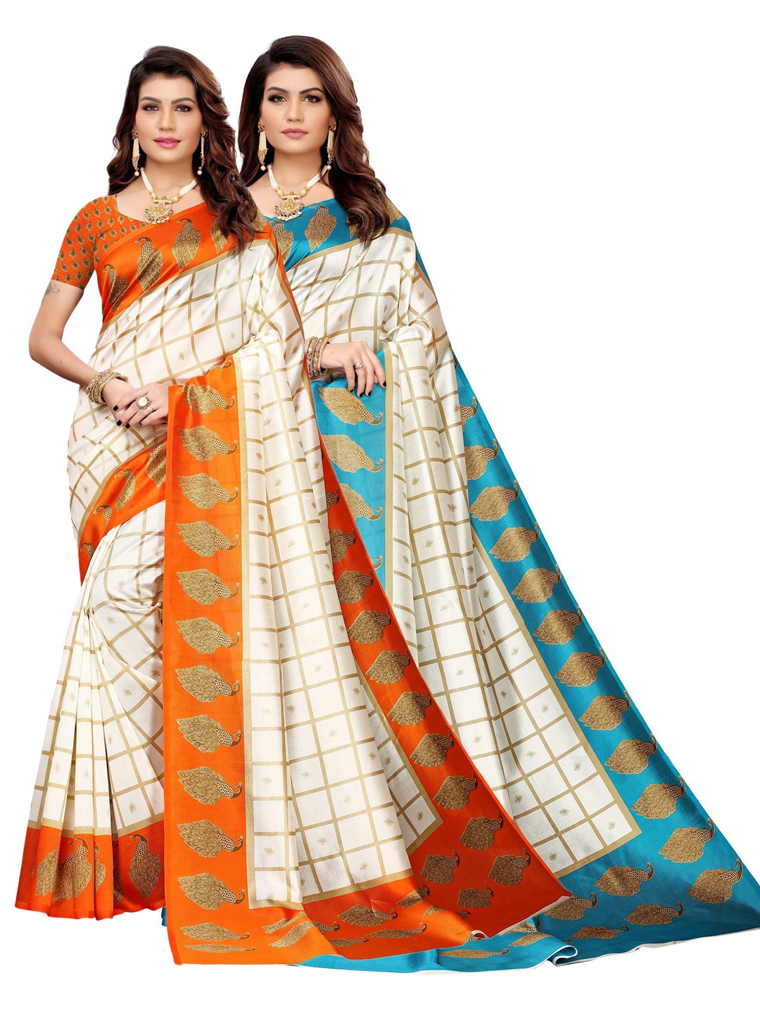 

AADVIKA Pack of 2 White & Orange Woven Design Art Silk Saree