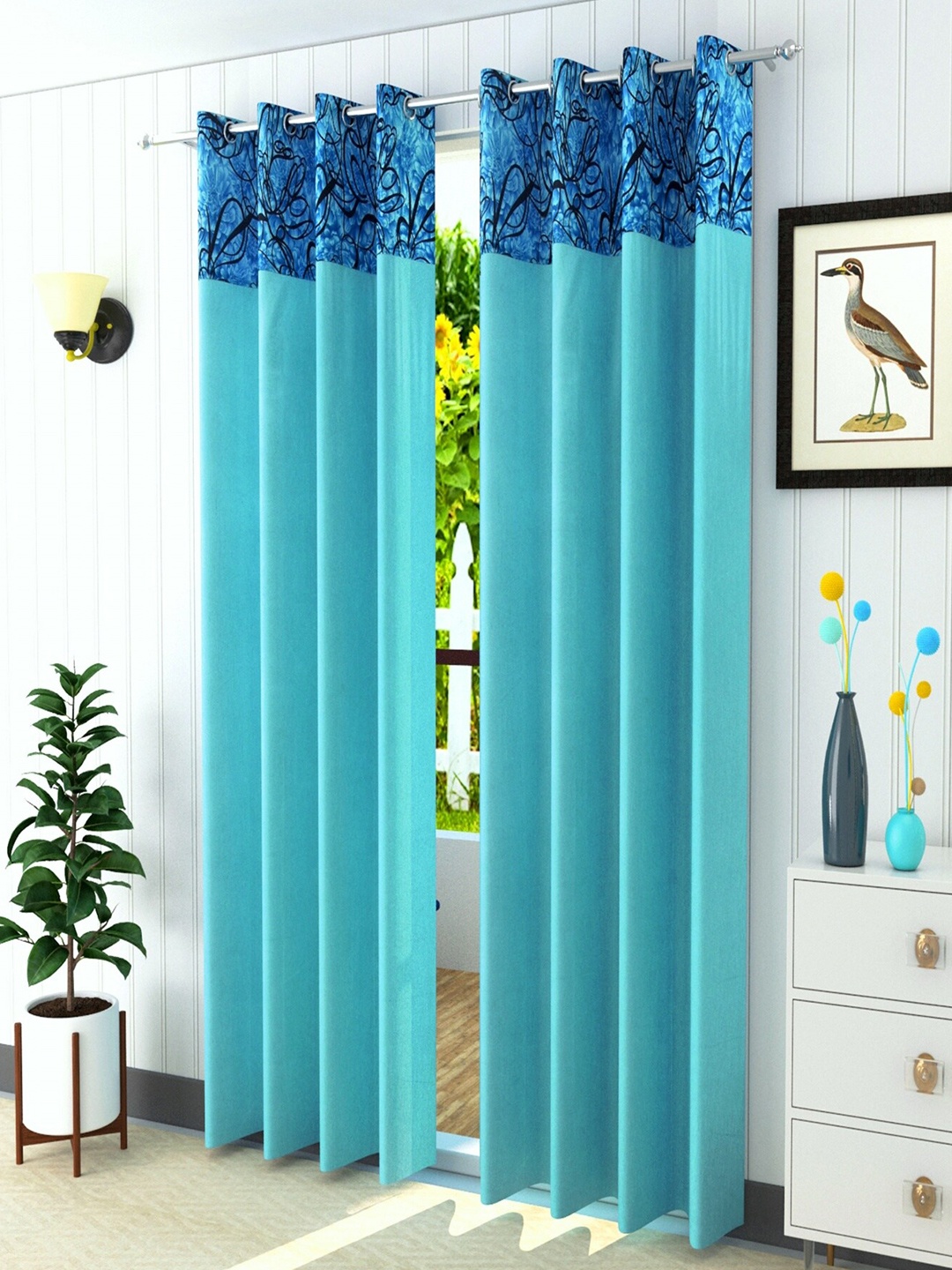 

Homefab India Turquoise Blue & Black Set of 2 Long Door Curtain