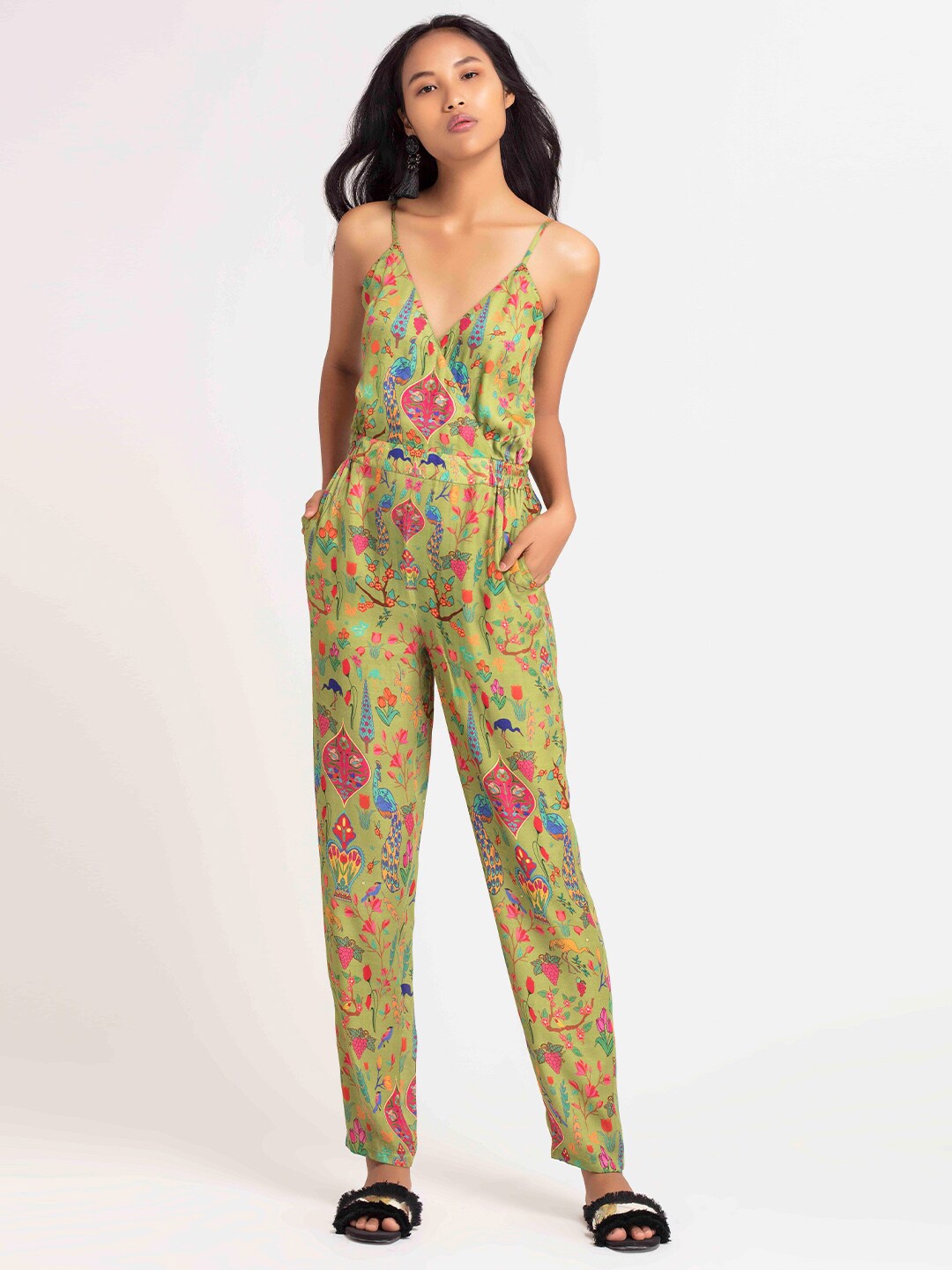 

SHAYE Women Green & Pink Printed Basic Jumpsuit