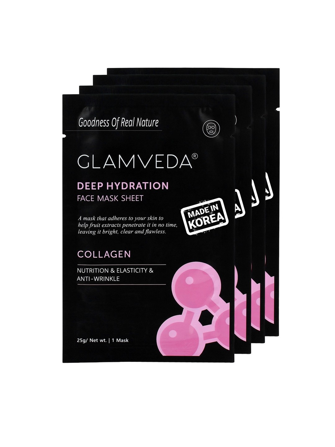 

GLAMVEDA Set Of 4 Collagen Anti Ageing Sheet Masks, Black
