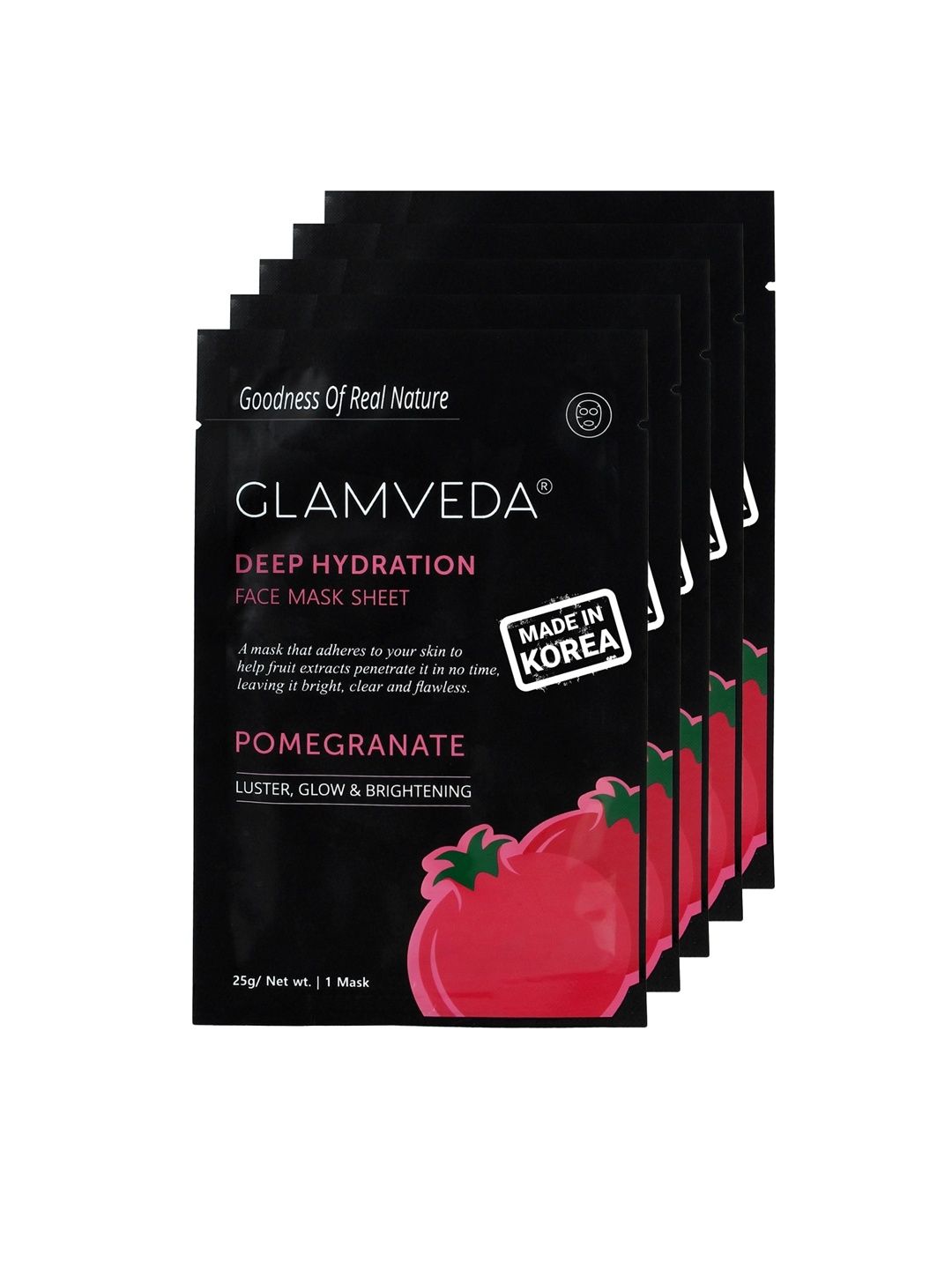 

GLAMVEDA Set Of 5 Pomegranate Brightening Sheet Mask, Black