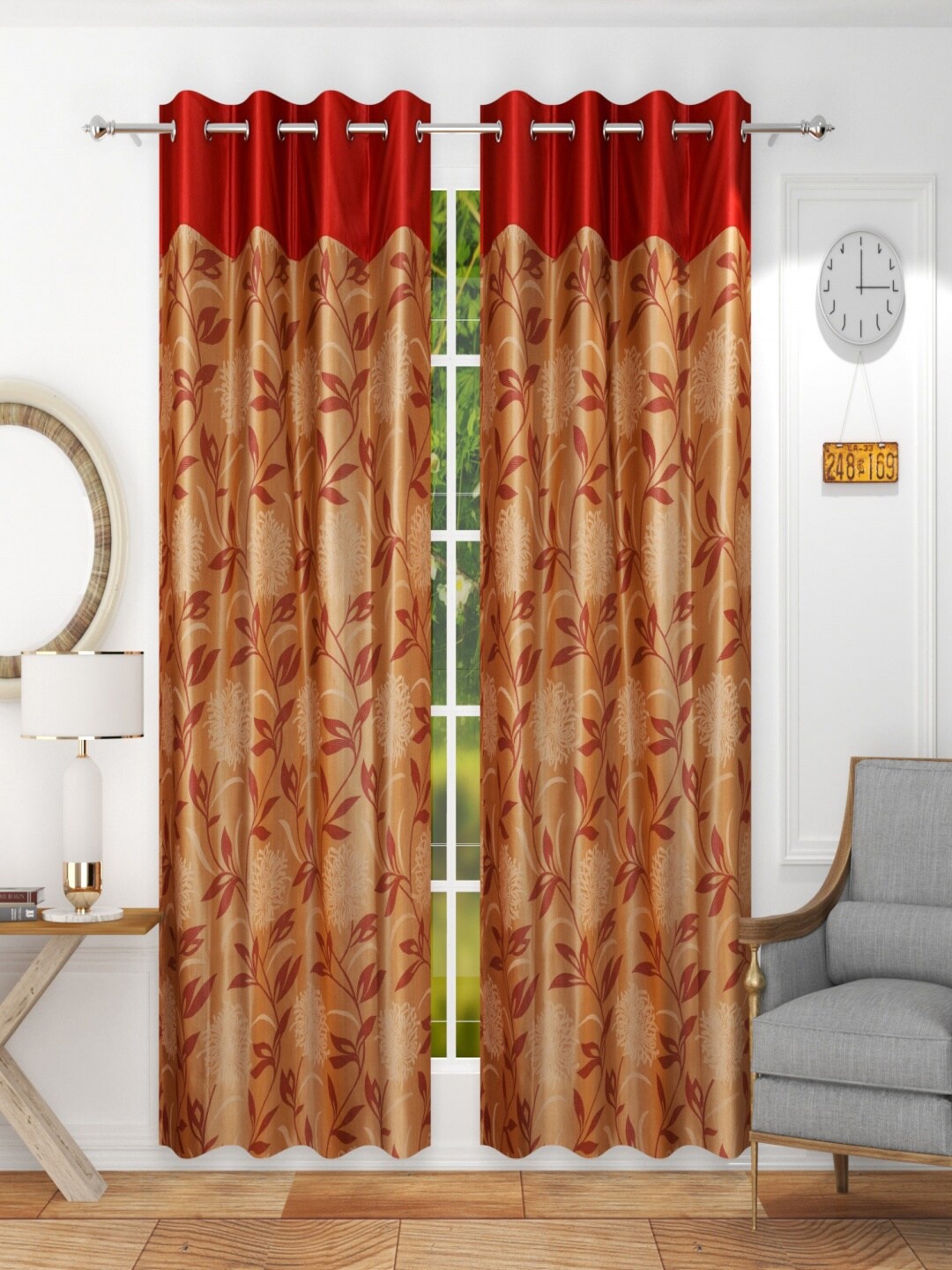 

Homefab India Maroon & White Set of 2 Floral Long Door Curtain