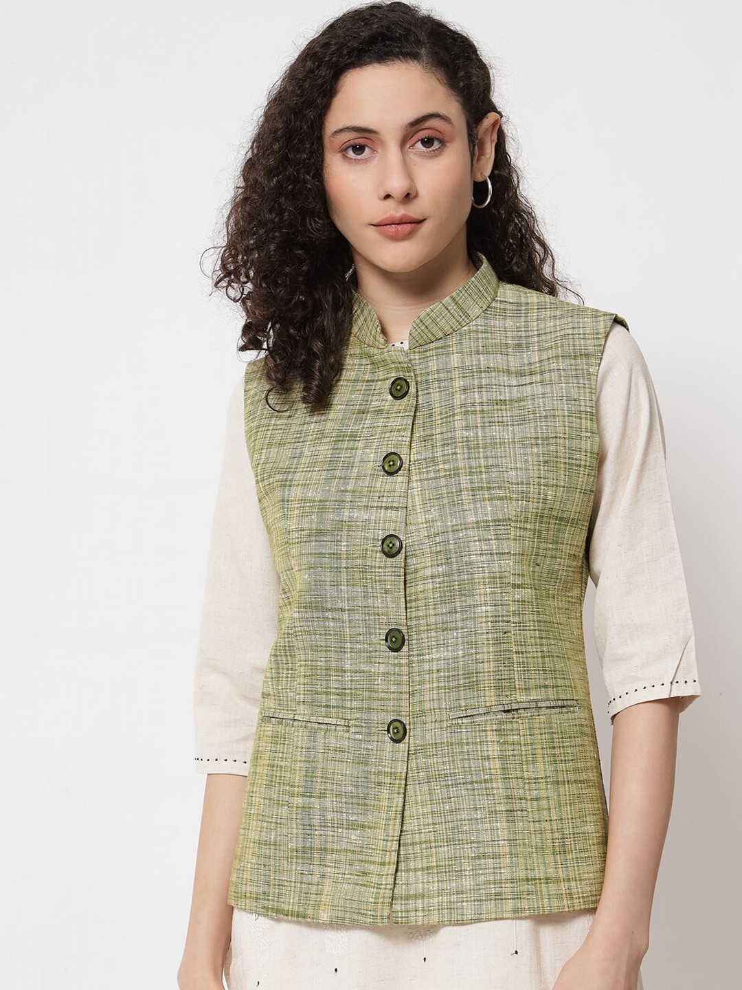 

Vastraa Fusion Women Green Checkered Nehru Jackets