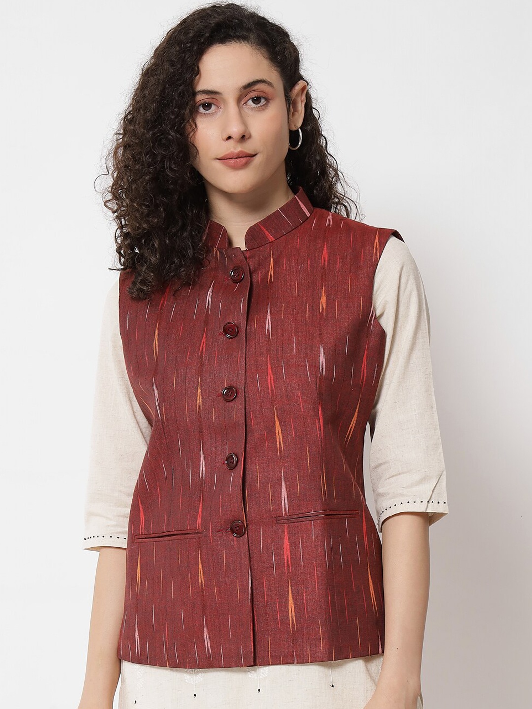 

Vastraa Fusion Women Pure Cotton Ikkat Printed Nehru Jacket, Maroon