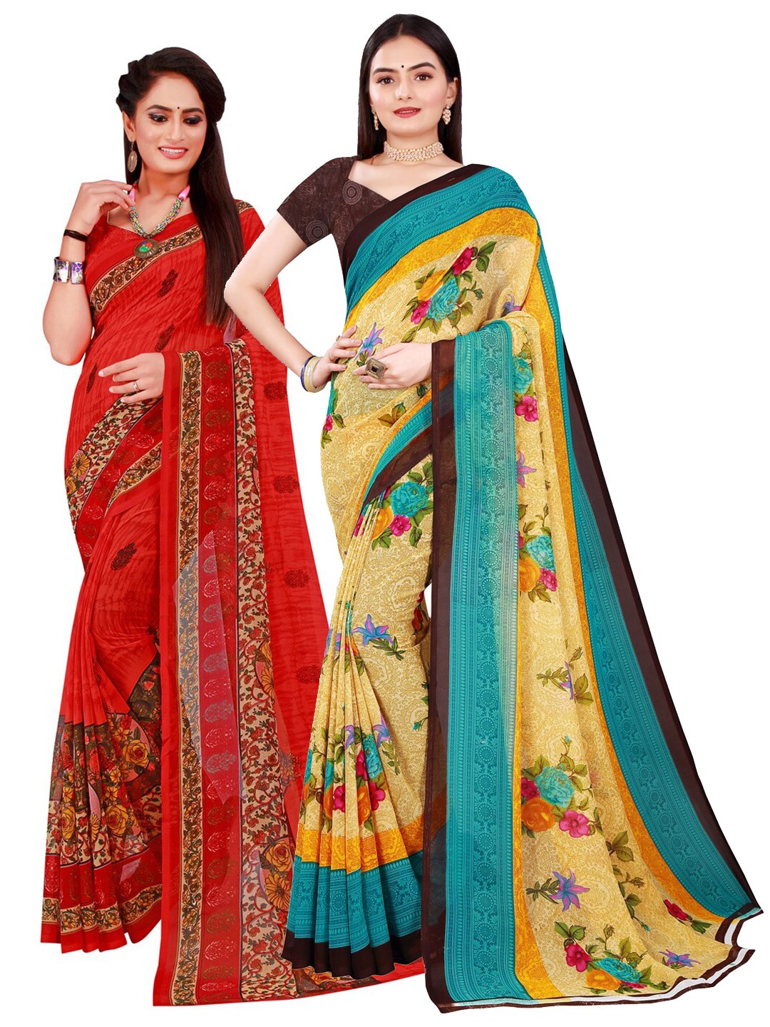 

SAADHVI Pack Of 2 Beige & Red Floral Pure Georgette Saree