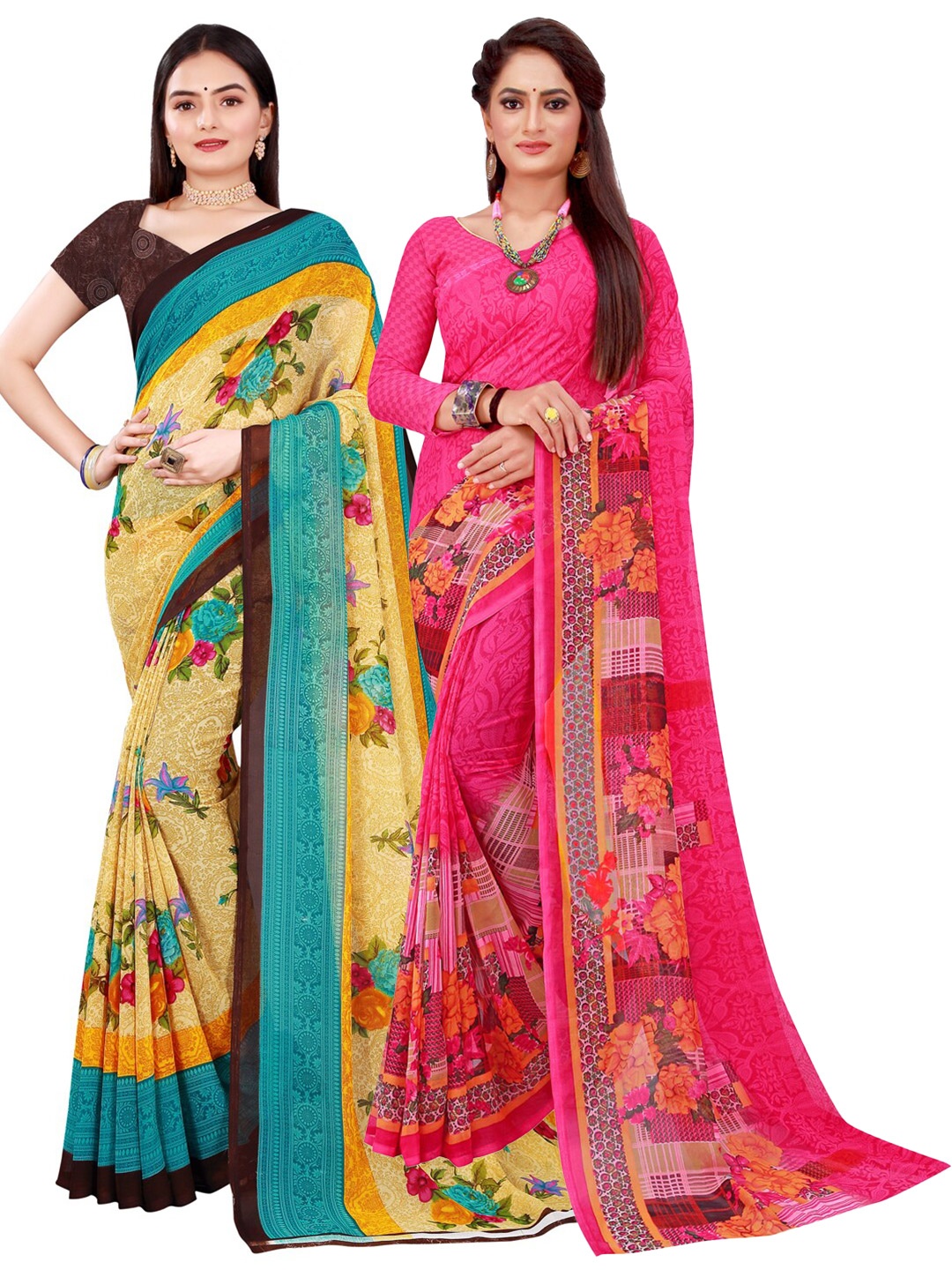 

SAADHVI Women Pack of 2 Beige & Pink Printed Pure Georgette Saree